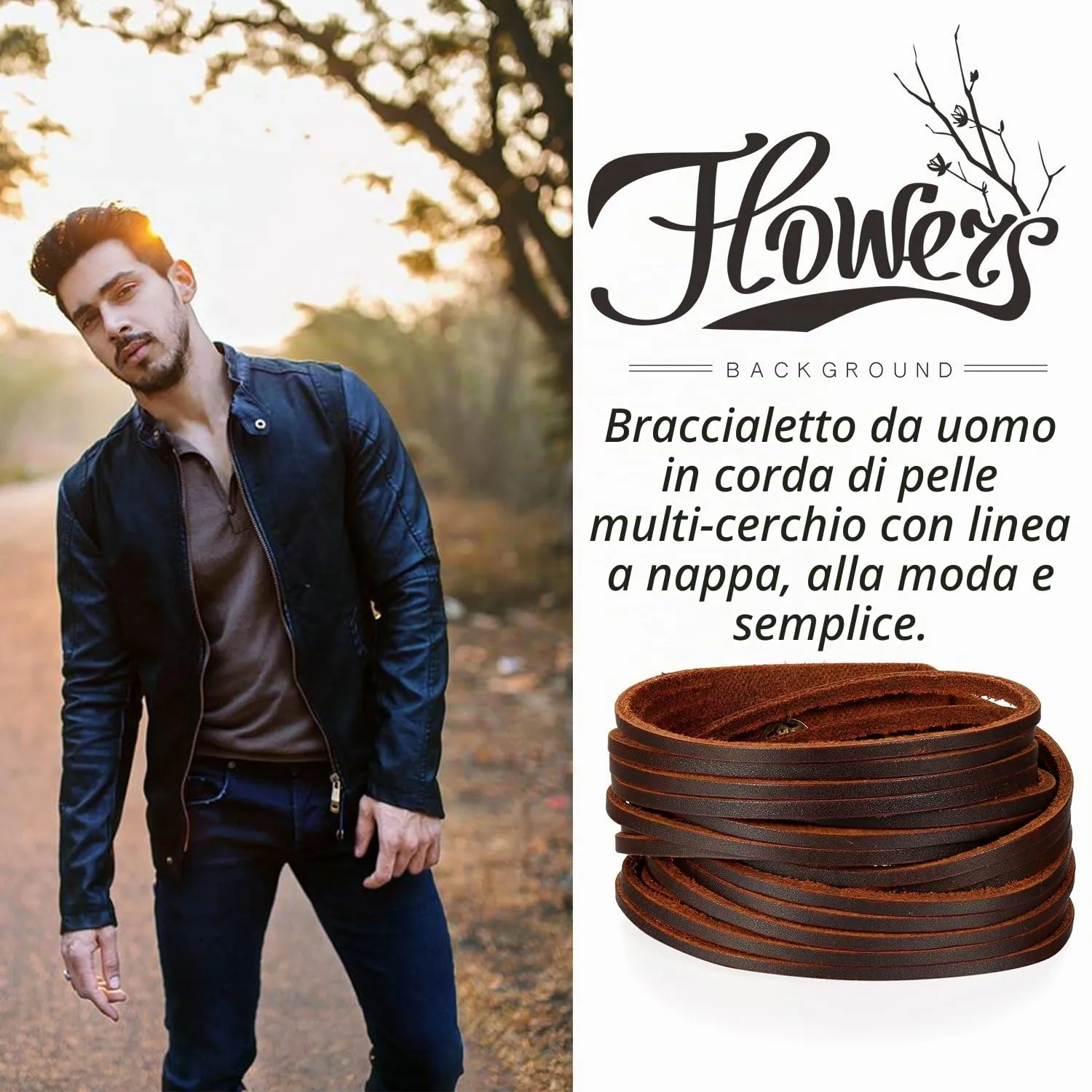 JewelryWe Bracciali da Uomo Punk Stile Hip-Hop Multifili in Pelle Colore Marrone Regolabile - immagine 6