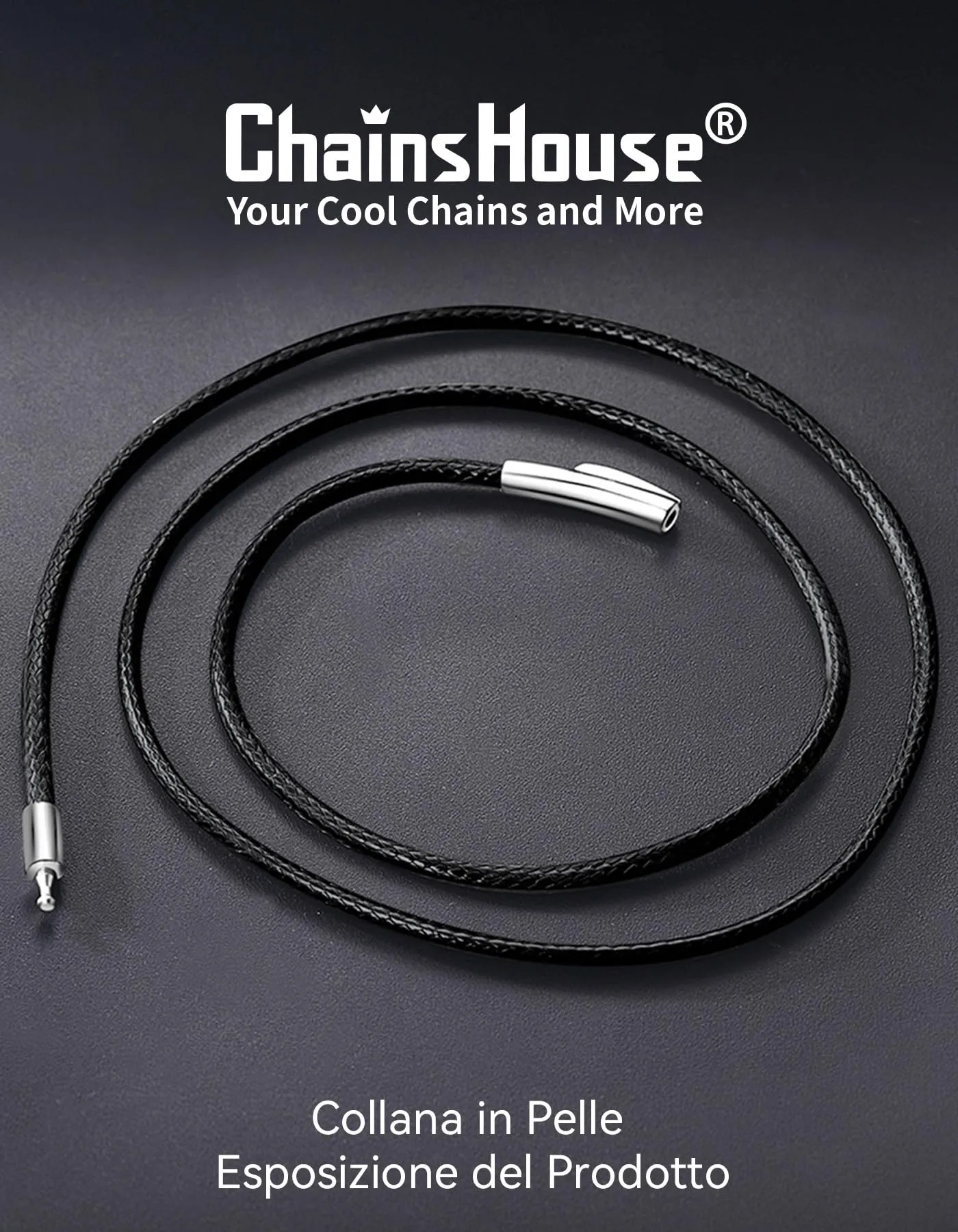 ChainsHouse Collana Caucciù Uomo Cordino per Collane 2mm Nero 51cm - immagine 3