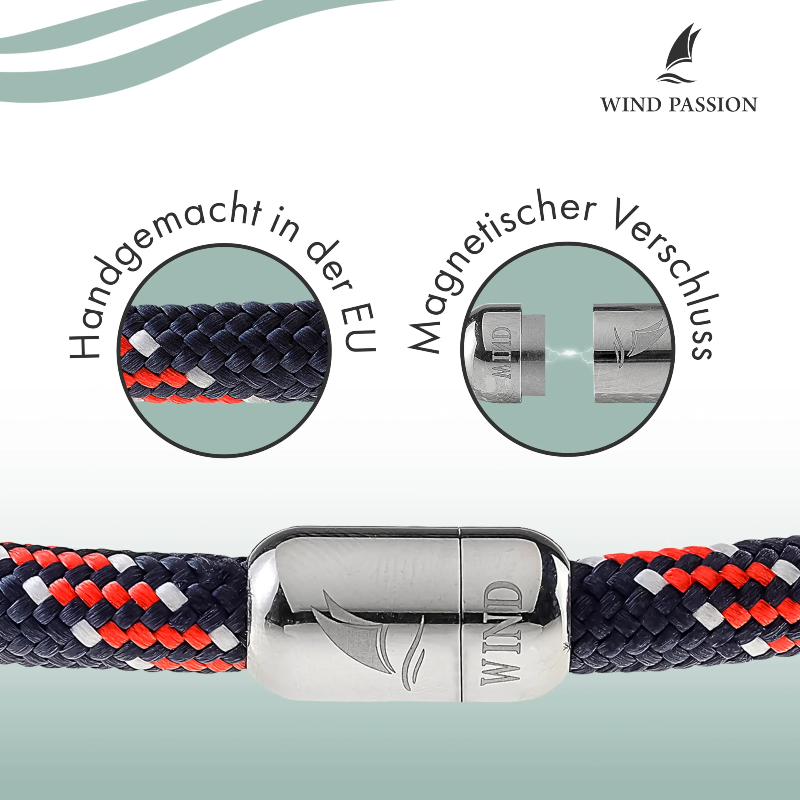 Wind Passion - Bracciale Sportivo Uomo Marinaio e Surfer con Corda Nautica, Stile Lifestyle Mare con Chiusura Magnetica, Idea Regalo Originale per Donna e Uomo - immagine 2