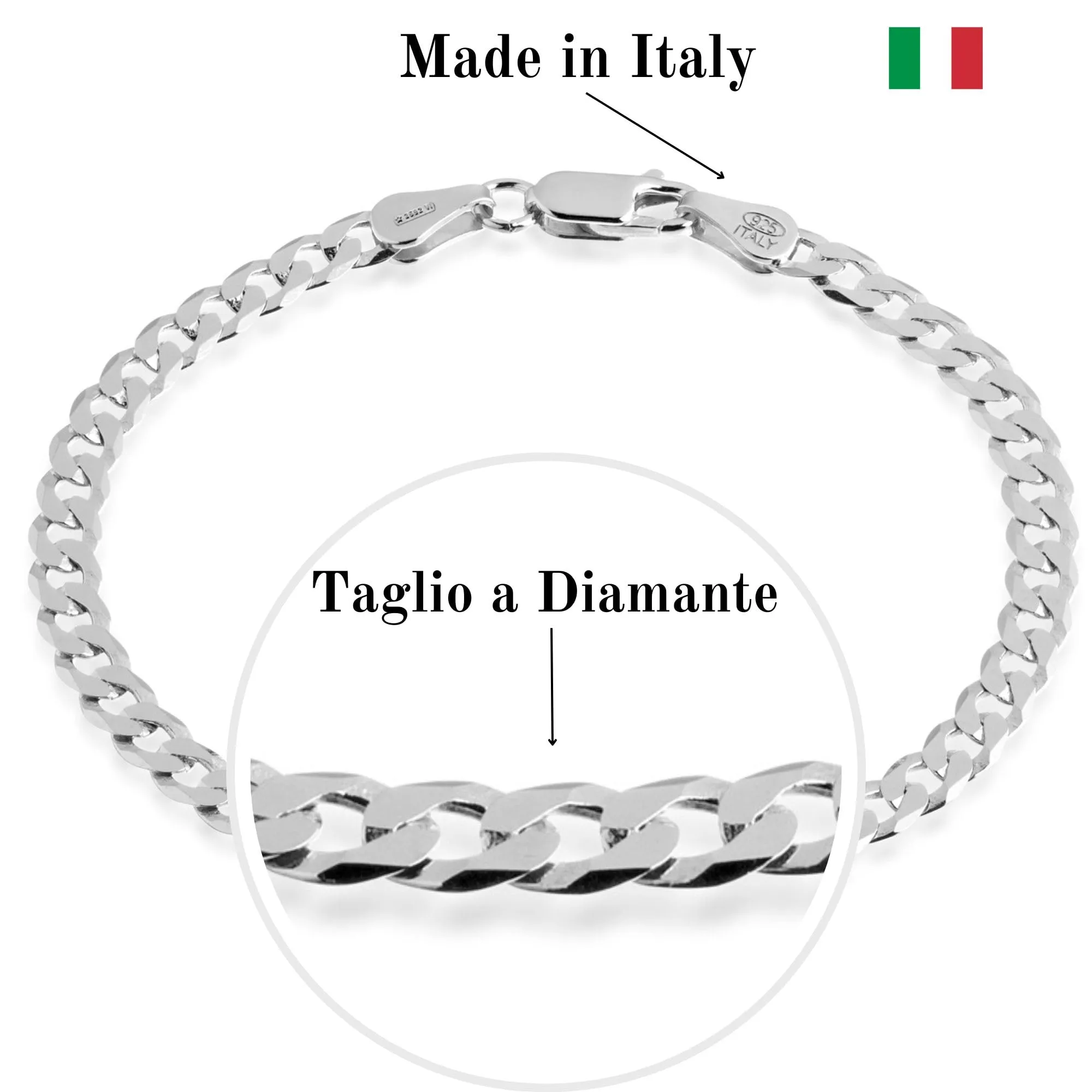 QUADRI - Elegante Bracciale in Argento 925 con Catena Modello Cubano Diamantato per Uomo/Donna - larghezza 5 mm - lunghezza 18 | 19 | 20.30 | 21.60 | 23 | cm - Certificato Made in Italy (21.60 Cm) - immagine 5