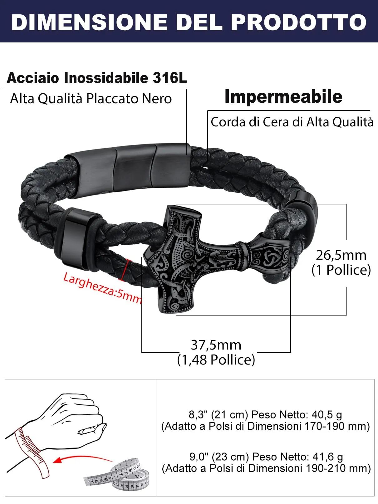 Bandmax Corda di Cera Bracciale Uomo, Martello del Tuono Modello Vintage Braccialetto Uomo, Nero Bracciali Uomo Accessori Gioielli di Moda, Regalo Compleanno Natale per Ragazzo Papà Fidanzato - immagine 6