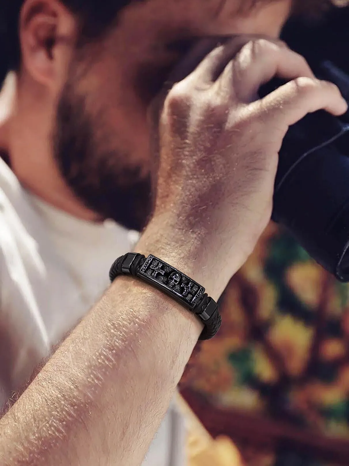 Bandmax Corda di Cera Bracciale Uomo, Cranio Modello Vintage Braccialetto Uomo, Nero Bracciali Uomo Accessori Punk Hip Hop Rock, Idee Regalo Compleanno Natale per Ragazzo - immagine 2