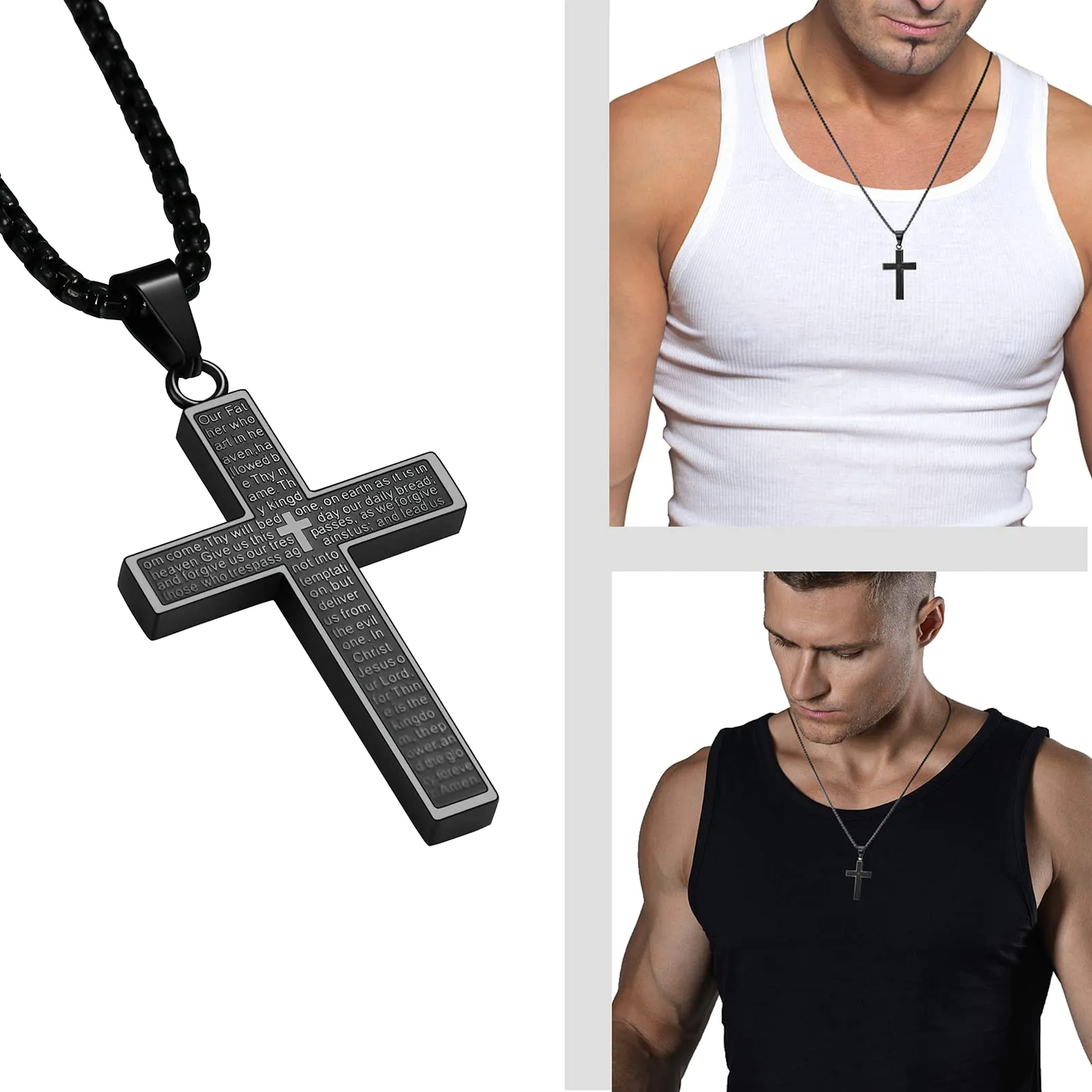 MERTTURM Crocifisso Collana Uomo, Acciaio Inossidabile con Collana Uomo Pendente Croce Singolo, Regali per Gioielli Cristiani, Argento Nero(Resistente allo Sbiadimento e al Sudore) - immagine 2