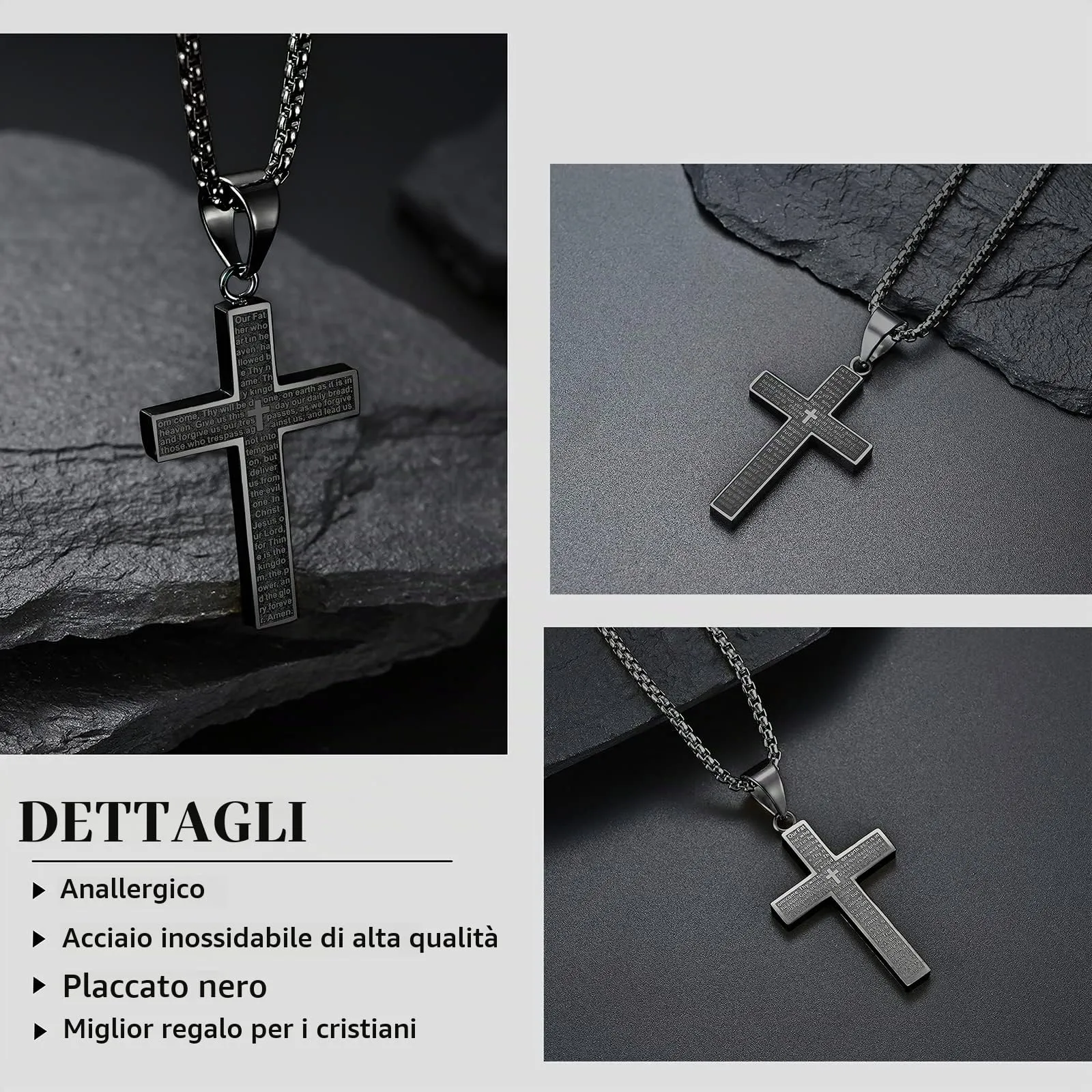 MERTTURM Crocifisso Collana Uomo, Acciaio Inossidabile con Collana Uomo Pendente Croce Singolo, Regali per Gioielli Cristiani, Argento Nero(Resistente allo Sbiadimento e al Sudore) - immagine 3