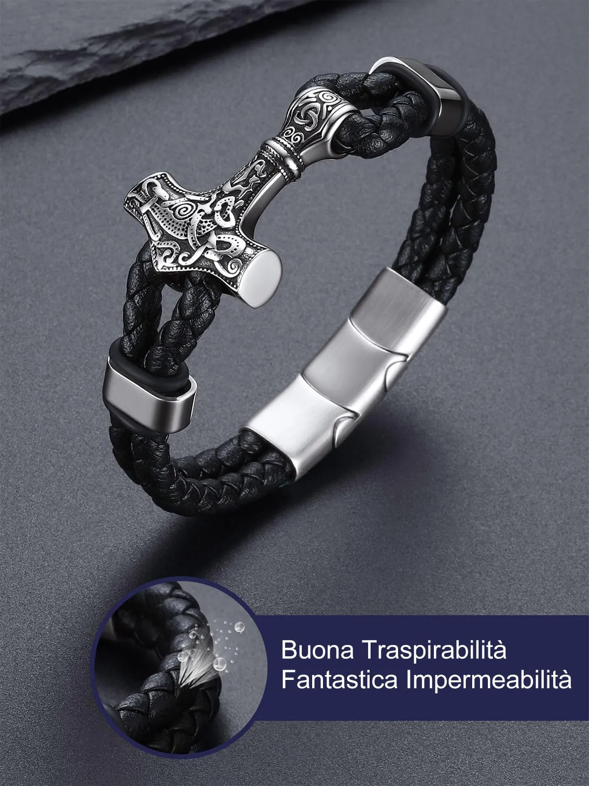 Bandmax Corda di Cera Bracciale Uomo, Martello del Tuono Modello Vintage Braccialetto Personalizzato Uomo, Argento Bracciali Uomo Accessori Gioielli di Moda - immagine 5