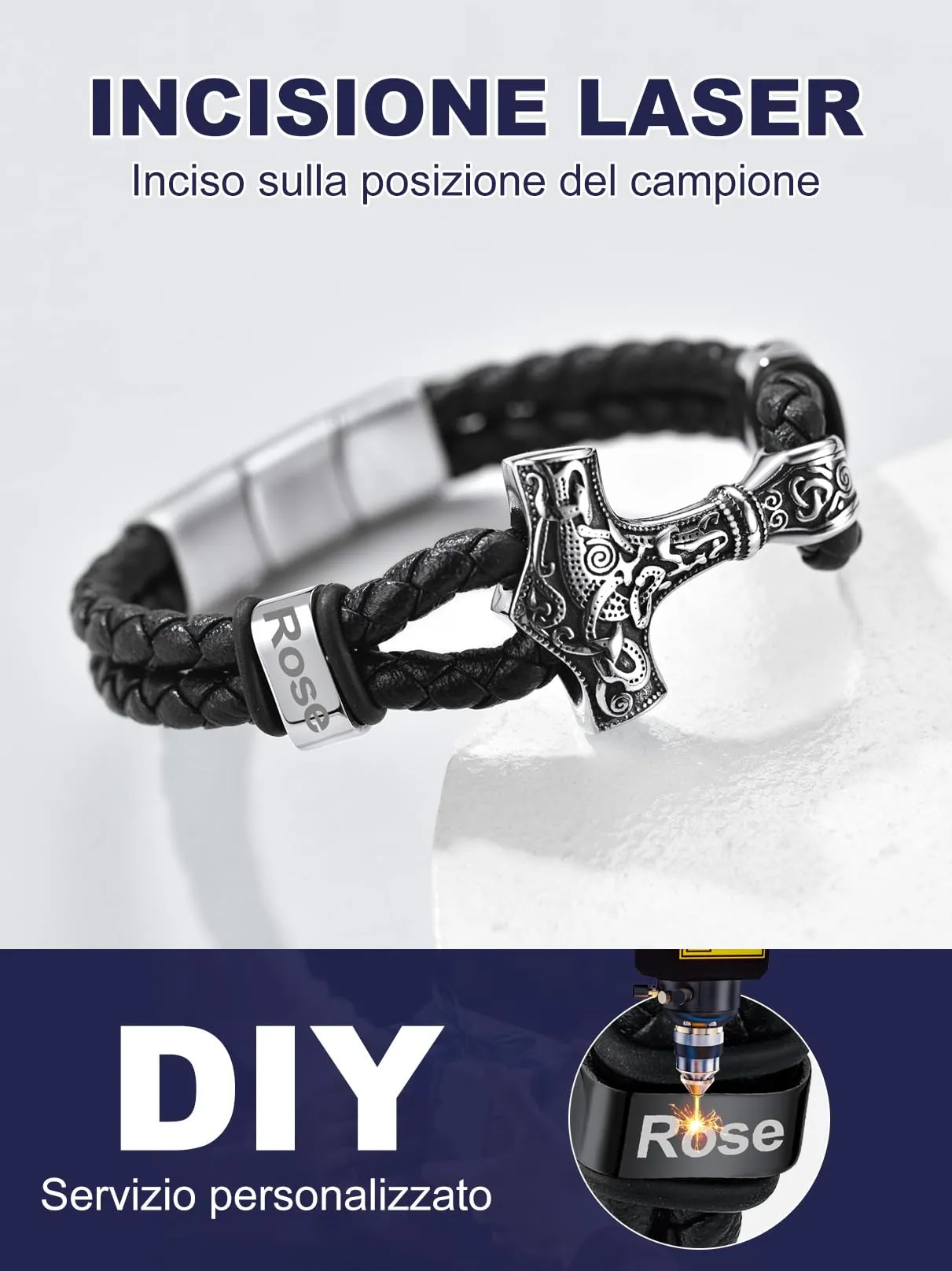 Bandmax Corda di Cera Bracciale Uomo, Martello del Tuono Modello Vintage Braccialetto Personalizzato Uomo, Argento Bracciali Uomo Accessori Gioielli di Moda - immagine 6