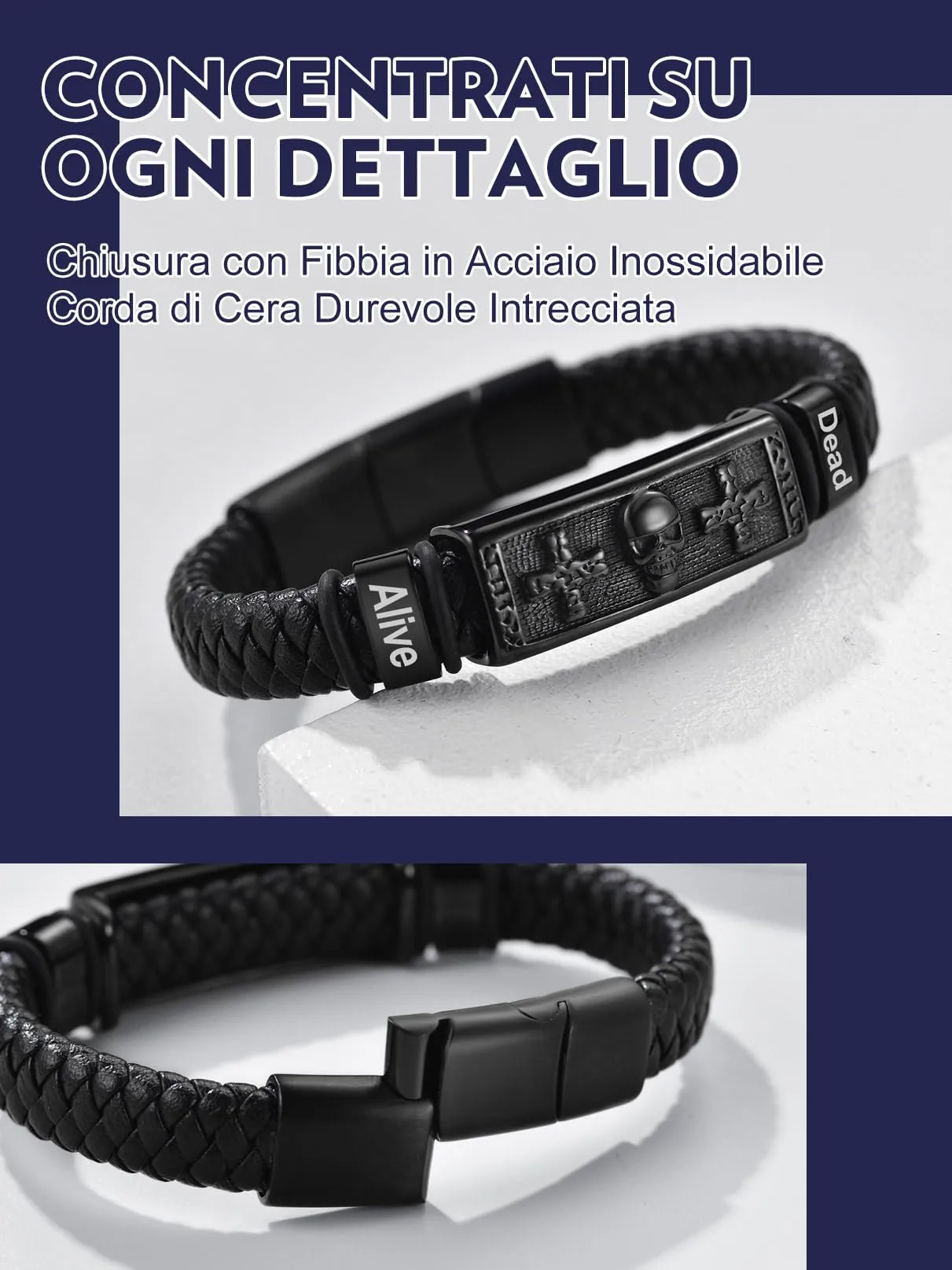 Bandmax Corda di Cera Bracciale Uomo, Cranio Modello Vintage Braccialetto Personalizzato Uomo, Nero Bracciali Uomo Accessori Punk Hip Hop Rock, Idee Regalo Compleanno Natale per Ragazzo - immagine 5