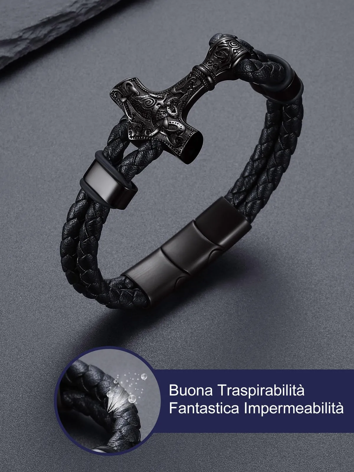 Bandmax Corda di Cera Bracciale Uomo, Martello del Tuono Modello Vintage Braccialetto Personalizzato Uomo, Nero Bracciali Uomo Accessori Gioielli di Moda - immagine 5