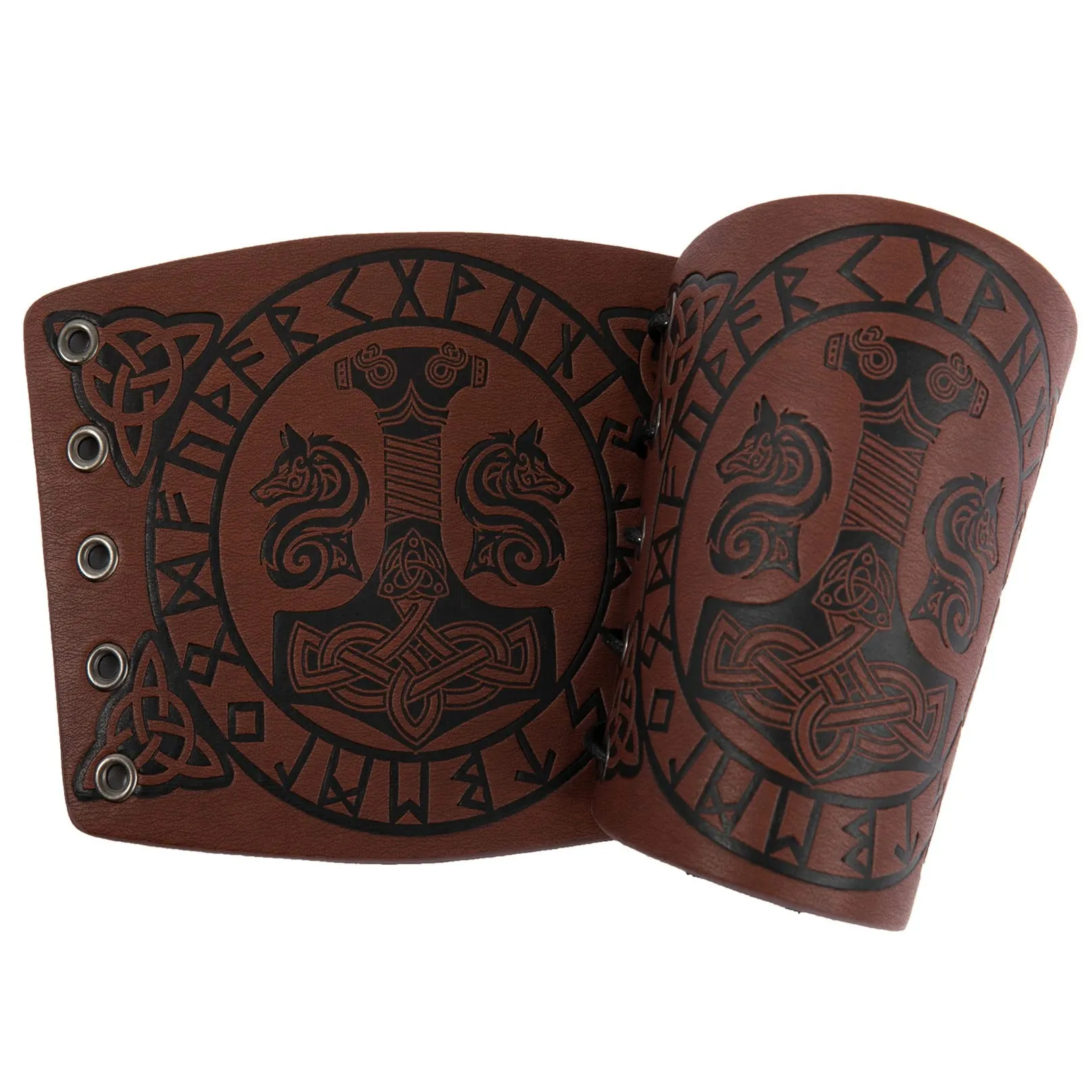 Bracciali vichinghi, Polsini con armatura in pelle Martello di Thor Guanti da braccio norreno goffrati Bracciale da polso medievale LARP Tiro con l'arco Accessori per costumi da vichingo (Marrone) - immagine 2