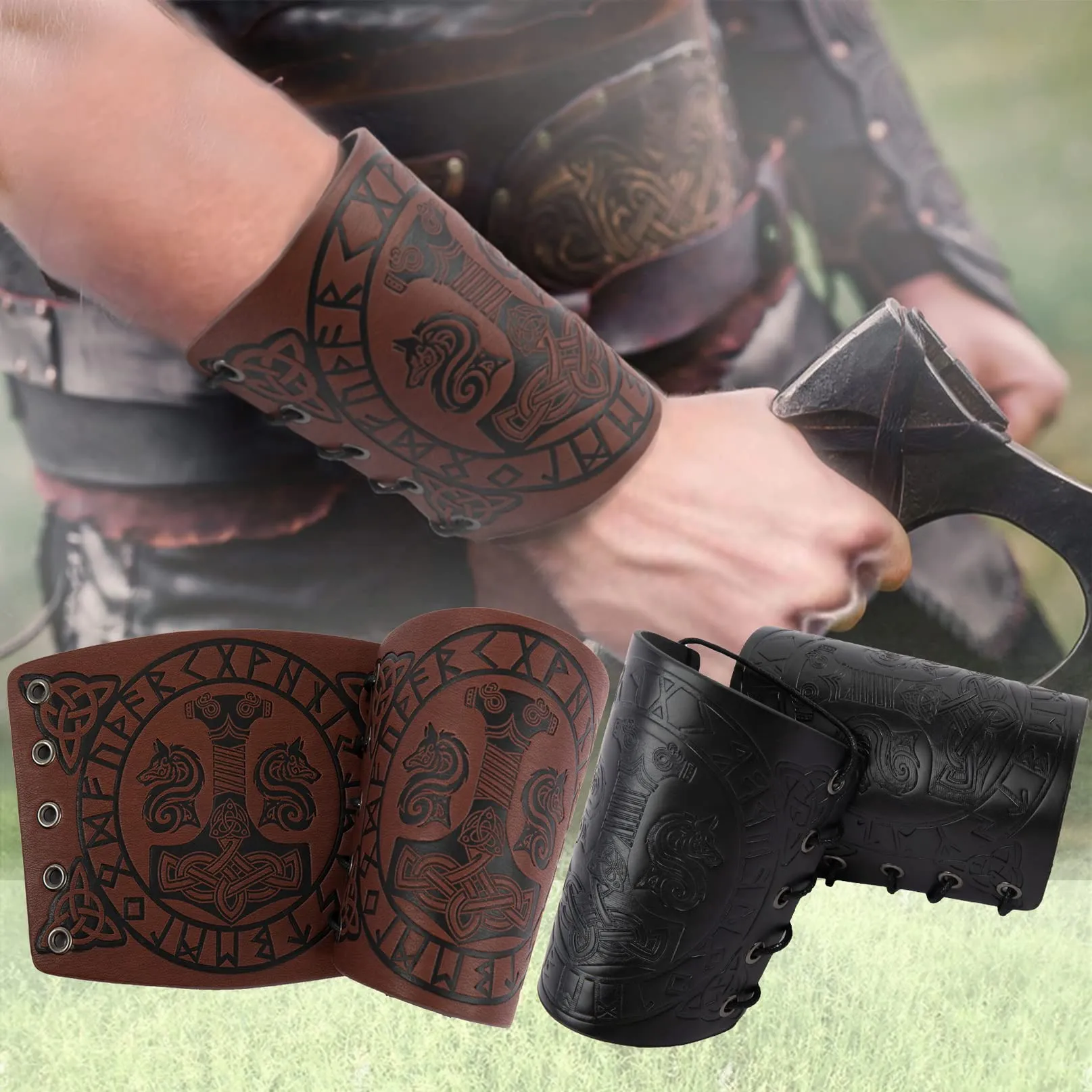 Bracciali vichinghi, Polsini con armatura in pelle Martello di Thor Guanti da braccio norreno goffrati Bracciale da polso medievale LARP Tiro con l'arco Accessori per costumi da vichingo (Marrone) - immagine 3