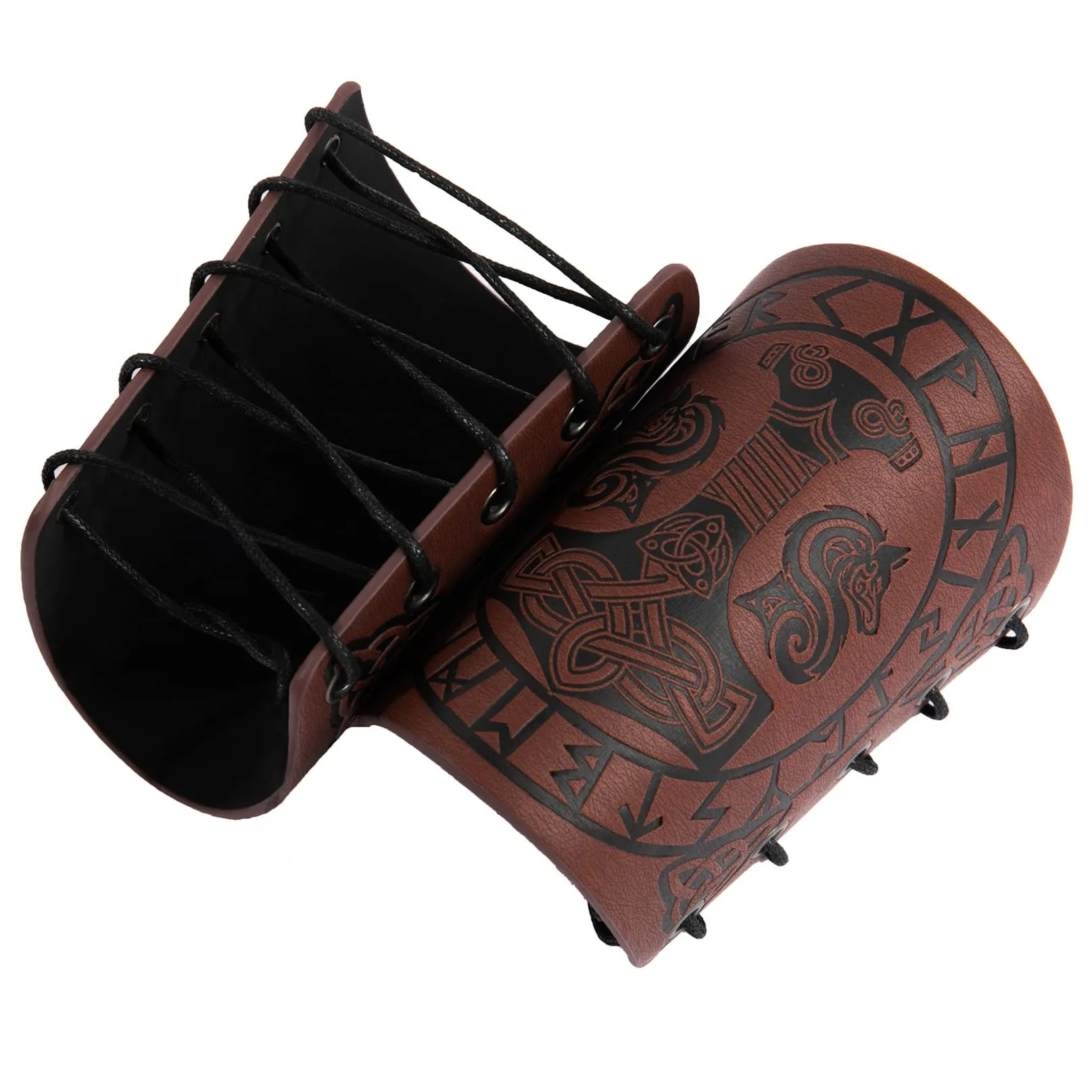 Bracciali vichinghi, Polsini con armatura in pelle Martello di Thor Guanti da braccio norreno goffrati Bracciale da polso medievale LARP Tiro con l'arco Accessori per costumi da vichingo (Marrone) - immagine 4