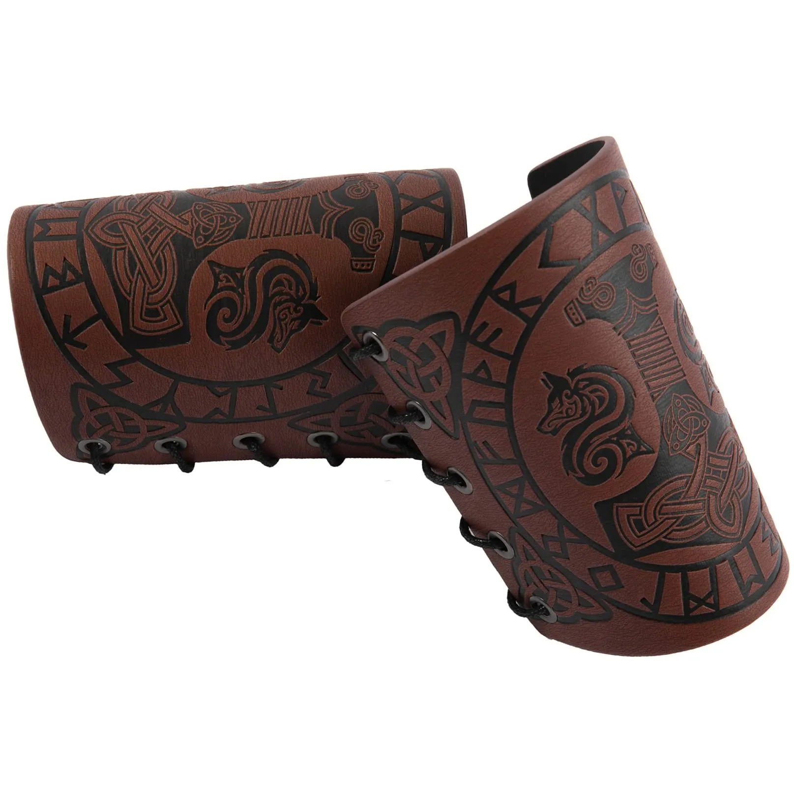 Bracciali vichinghi, Polsini con armatura in pelle Martello di Thor Guanti da braccio norreno goffrati Bracciale da polso medievale LARP Tiro con l'arco Accessori per costumi da vichingo (Marrone) - immagine 6