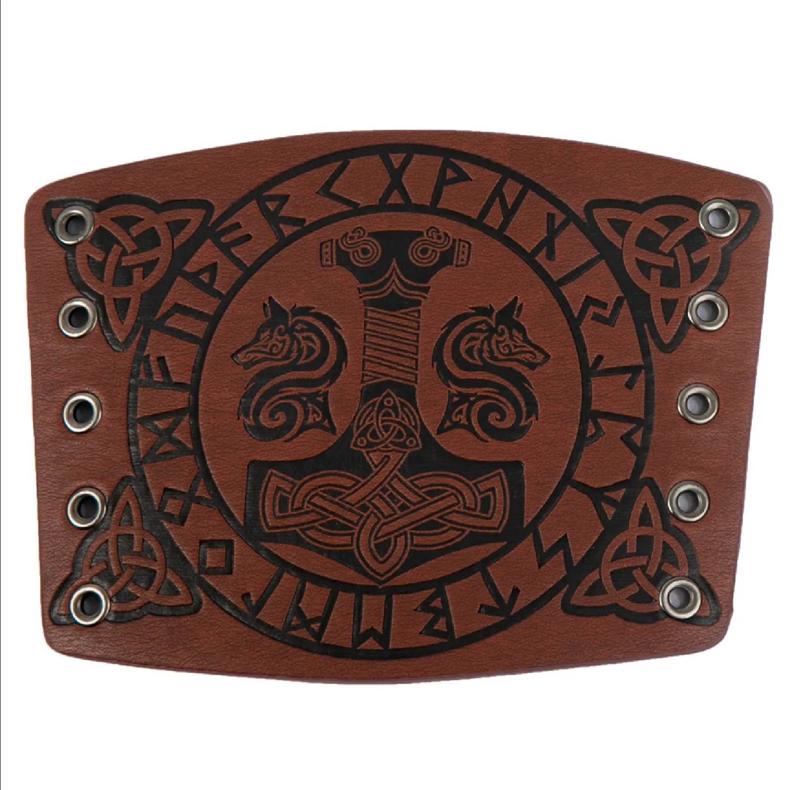 Bracciali vichinghi, Polsini con armatura in pelle Martello di Thor Guanti da braccio norreno goffrati Bracciale da polso medievale LARP Tiro con l'arco Accessori per costumi da vichingo (Marrone) - immagine 7