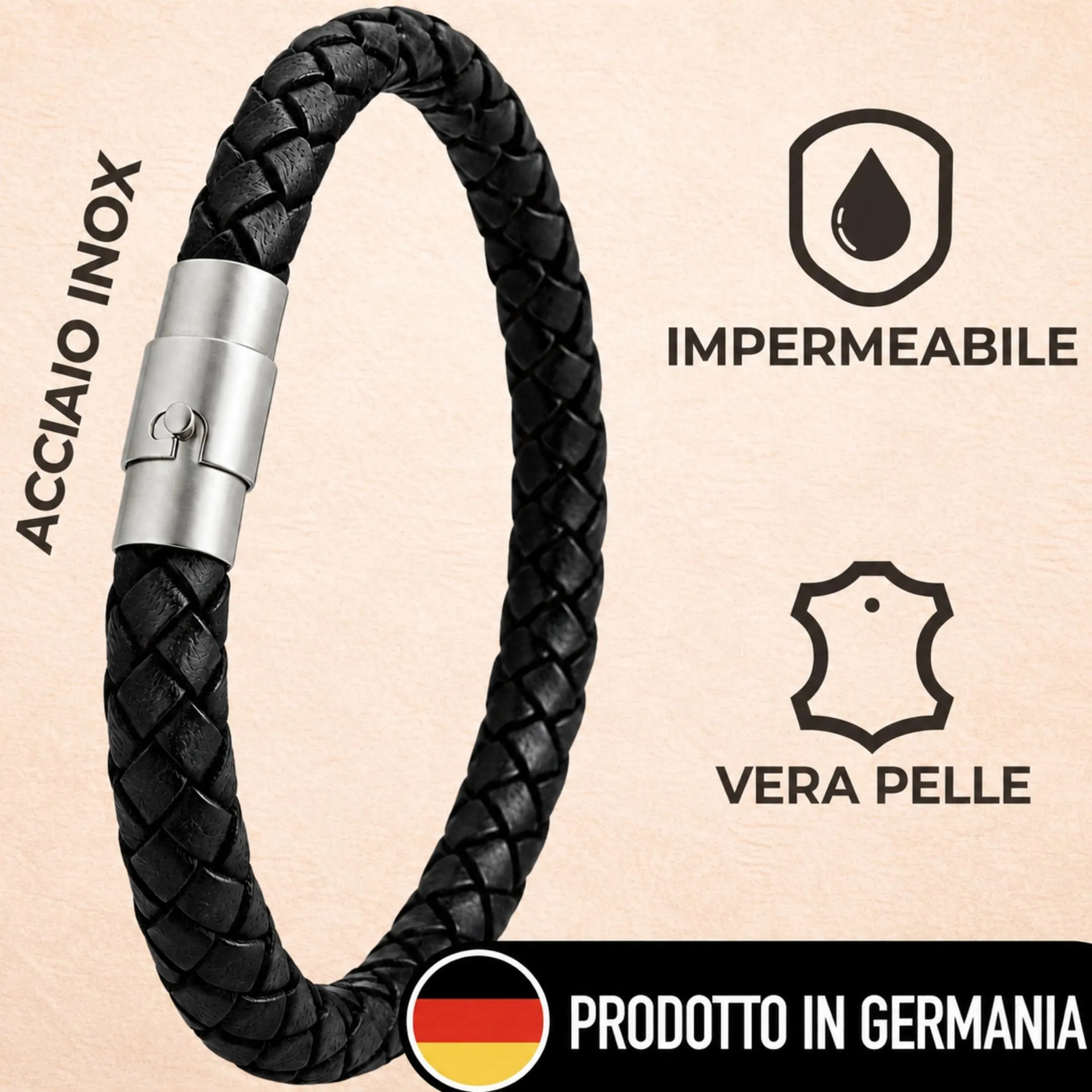 Simaru Bracciale in Pelle Intrecciata: Elegante Motivo con Pelle di Alta Qualità, Prodotto in Germania, Chiusura a Baionetta in Acciaio Inox, Adatto a Uomo e Donna - immagine 4