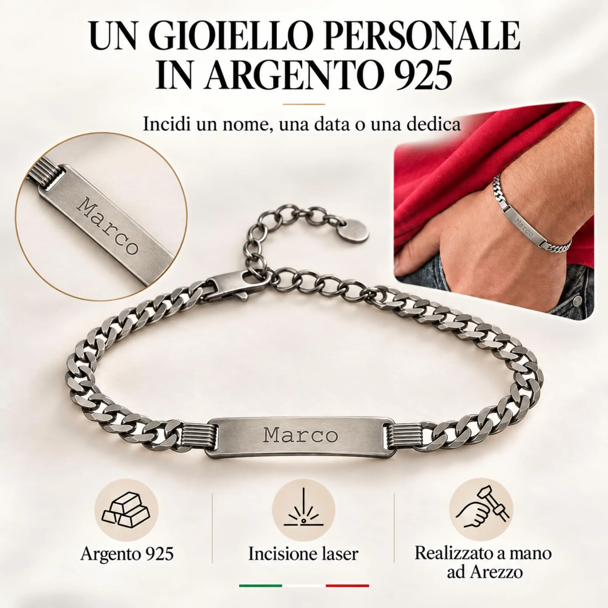 Giuzi - Bracciale Uomo Argento 925 Personalizzabile con Targhetta Incisa, Catena Grumetta Regolabile, Idea Regalo Uomo con Confezione - immagine 2