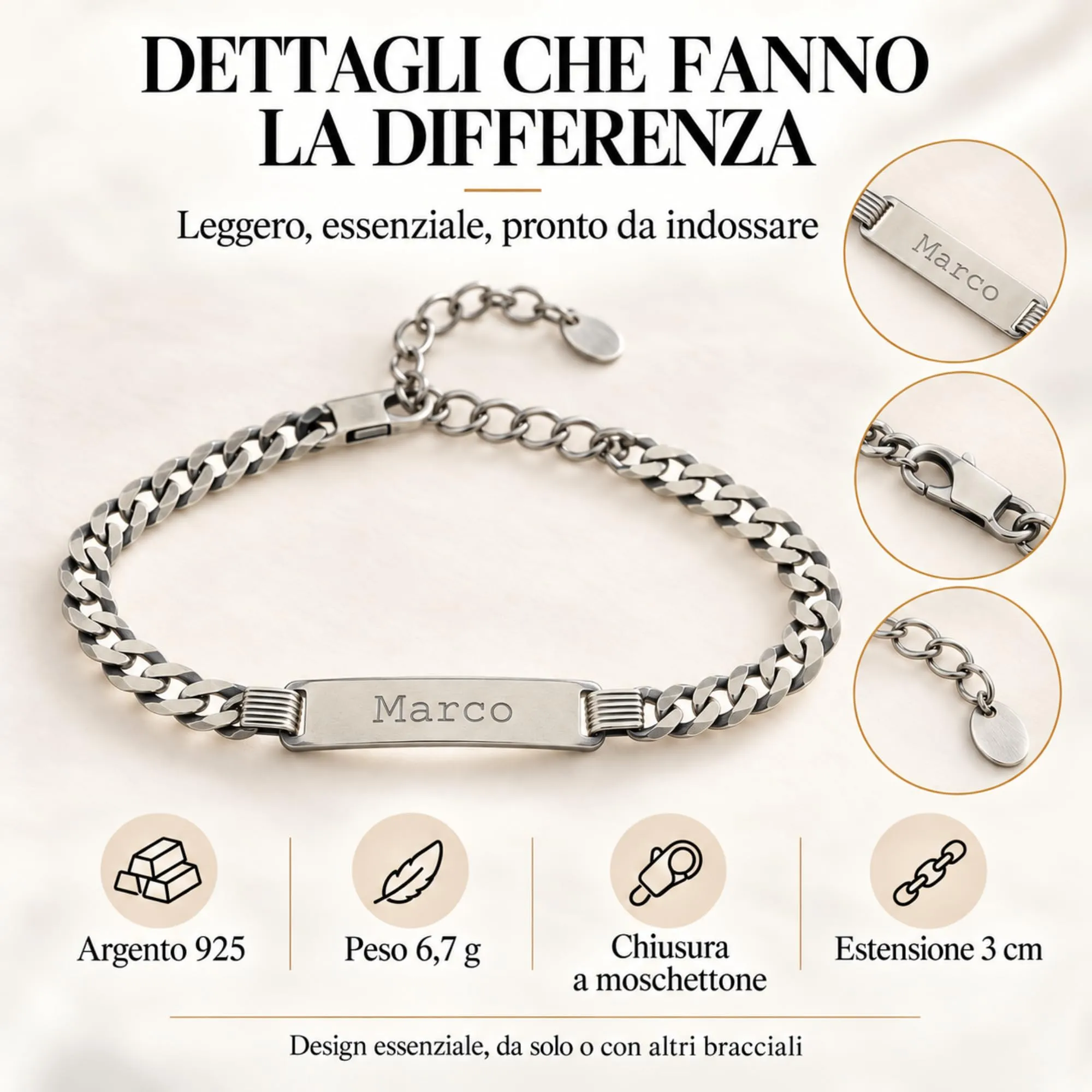 Giuzi - Bracciale Uomo Argento 925 Personalizzabile con Targhetta Incisa, Catena Grumetta Regolabile, Idea Regalo Uomo con Confezione - immagine 3