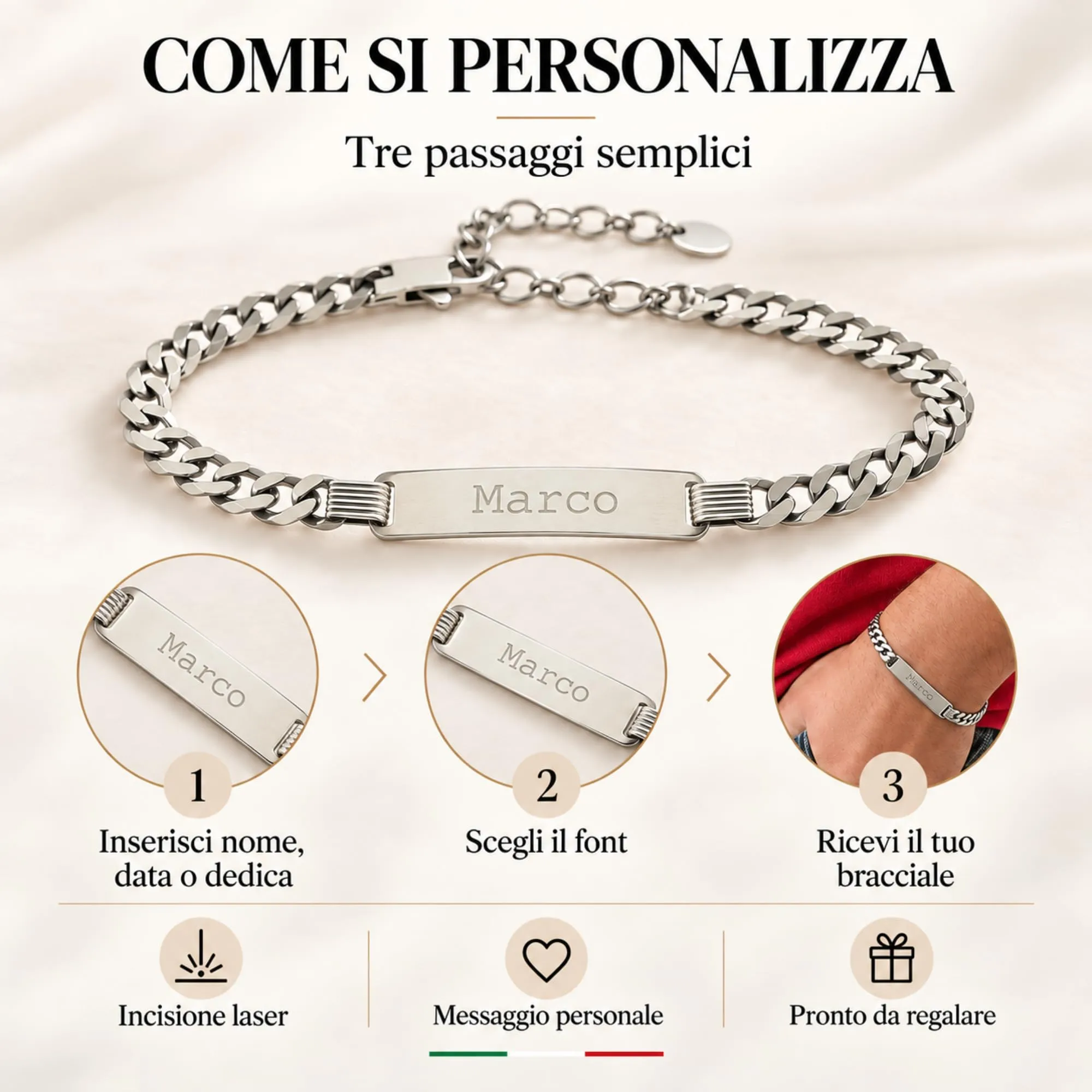 Giuzi - Bracciale Uomo Argento 925 Personalizzabile con Targhetta Incisa, Catena Grumetta Regolabile, Idea Regalo Uomo con Confezione - immagine 4
