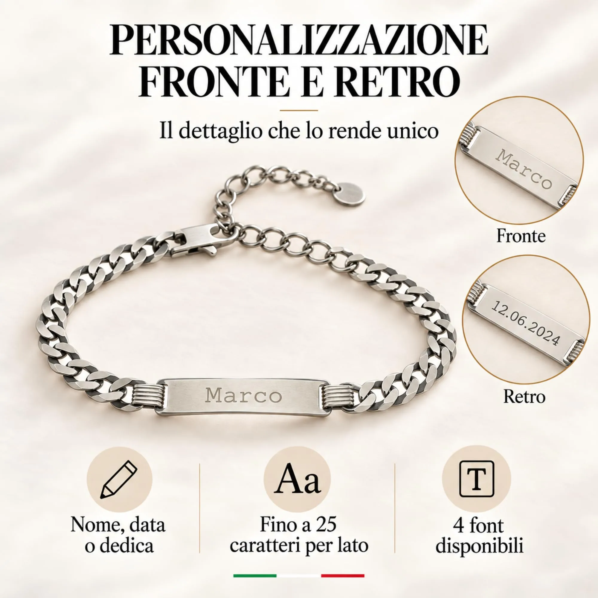 Giuzi - Bracciale Uomo Argento 925 Personalizzabile con Targhetta Incisa, Catena Grumetta Regolabile, Idea Regalo Uomo con Confezione - immagine 5
