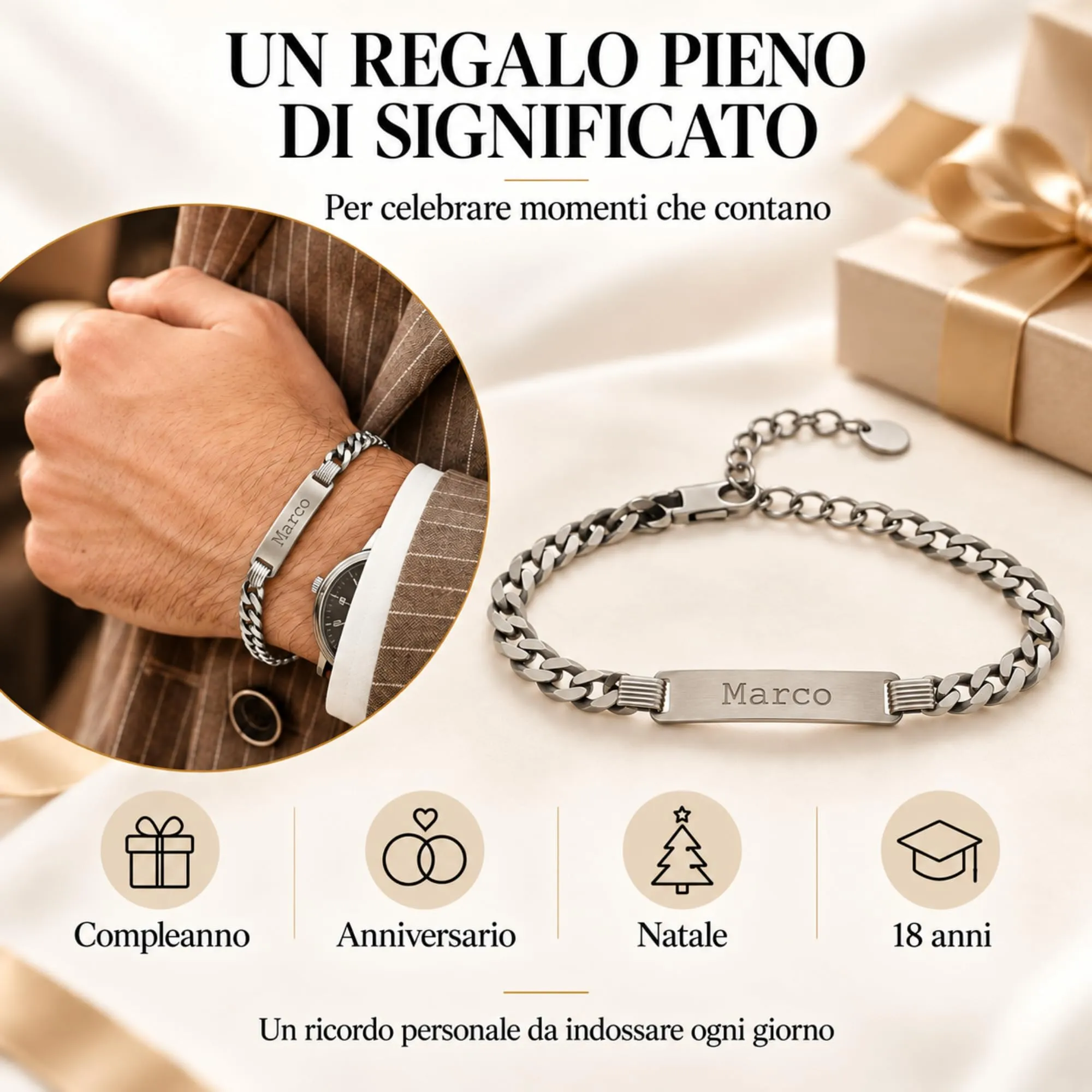 Giuzi - Bracciale Uomo Argento 925 Personalizzabile con Targhetta Incisa, Catena Grumetta Regolabile, Idea Regalo Uomo con Confezione - immagine 7