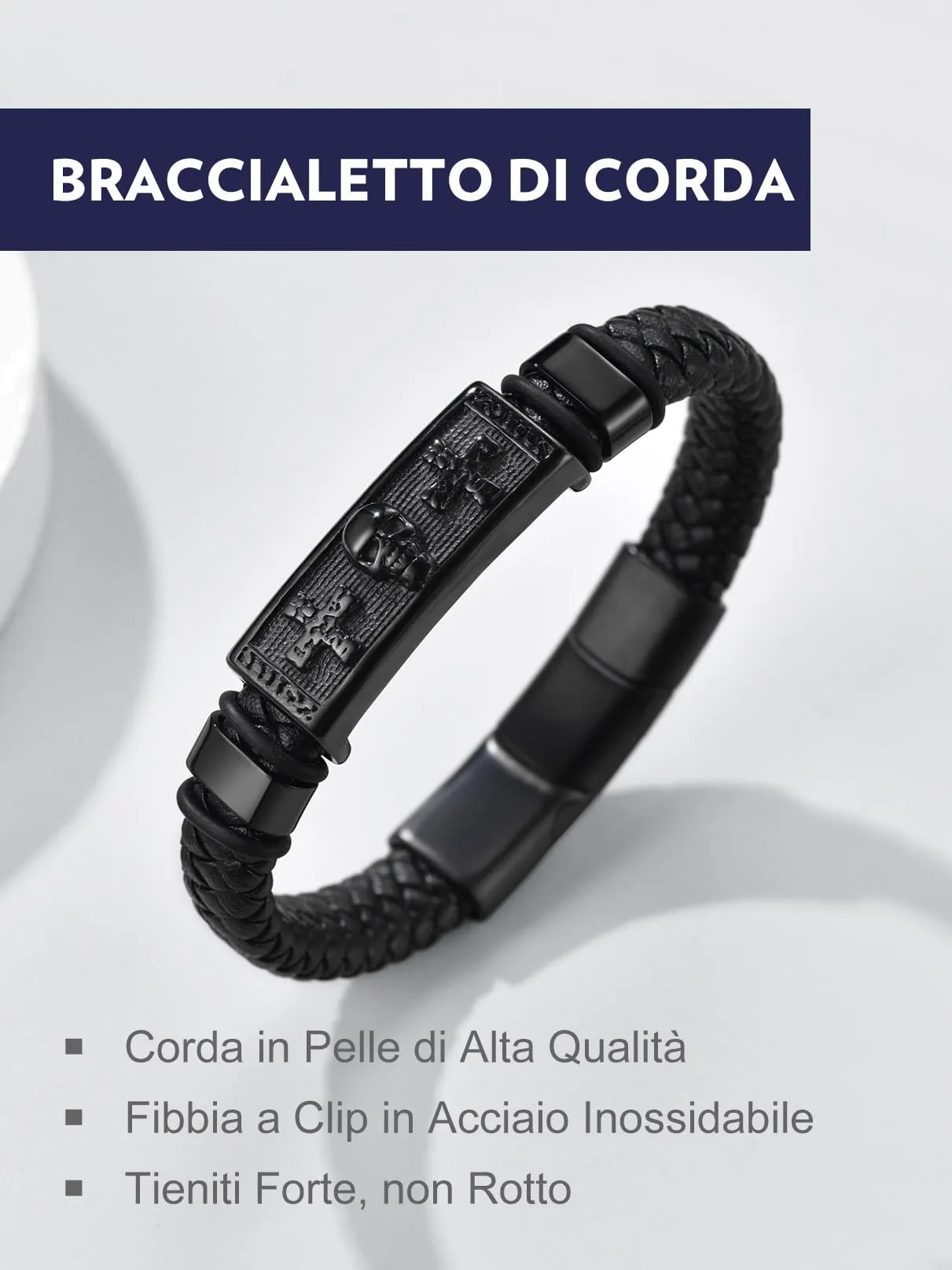 Bandmax Corda di Cera Bracciale Uomo, Cranio Modello Vintage Braccialetto Uomo, 24 cm Lunghezza Nero Bracciali Uomo Accessori Punk Hip Hop Rock, Idee Regalo per Uomo Ragazzo Papà - immagine 3