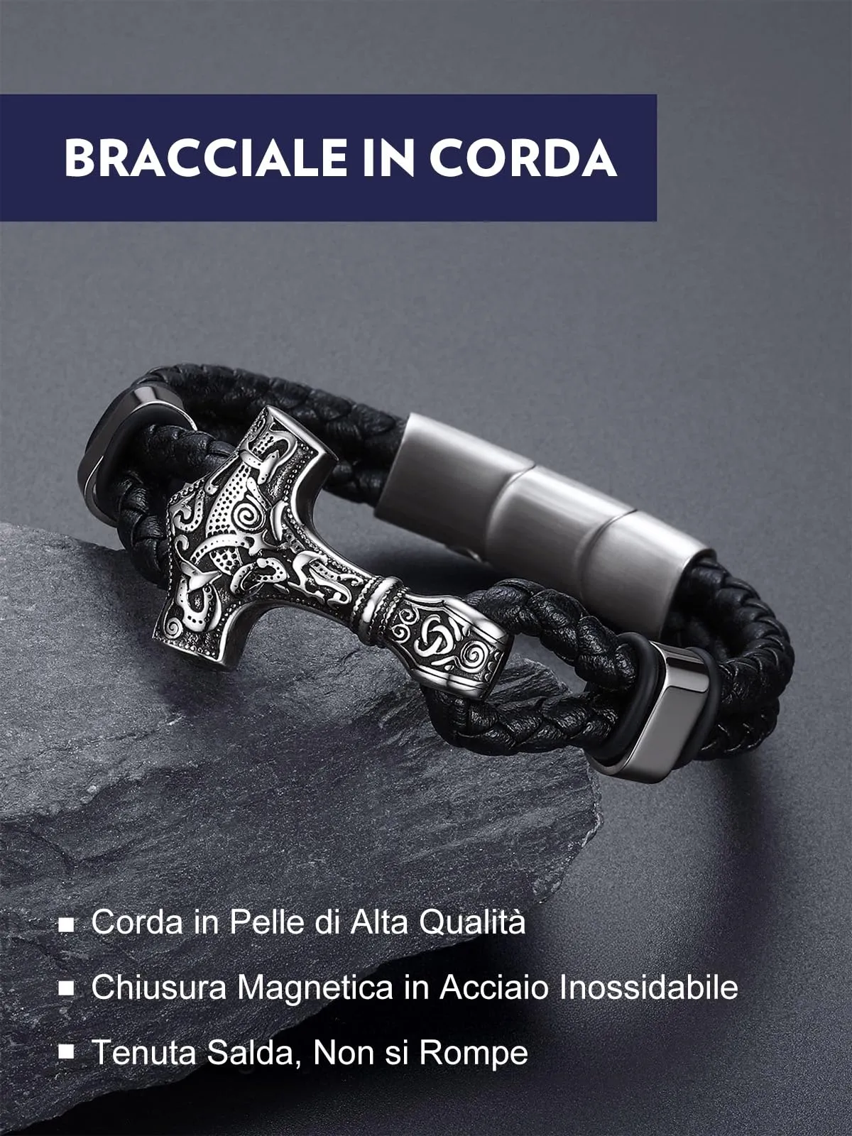 Bandmax Corda di Cera Bracciale Uomo, Martello del Tuono Modello Vintage Braccialetto Uomo, 23 cm Lunghezza Argento Bracciali Uomo Accessori Gioielli Vintage, Idee Regalo per Ragazzo Papà Fidanzato - immagine 4