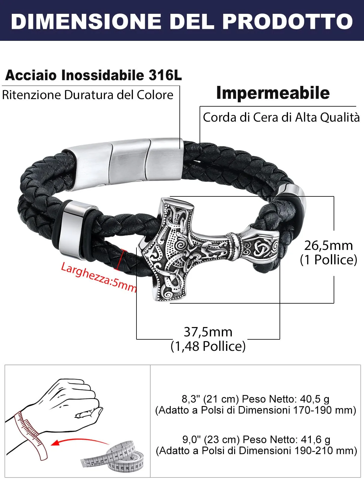 Bandmax Corda di Cera Bracciale Uomo, Martello del Tuono Modello Vintage Braccialetto Uomo, 23 cm Lunghezza Argento Bracciali Uomo Accessori Gioielli Vintage, Idee Regalo per Ragazzo Papà Fidanzato - immagine 6