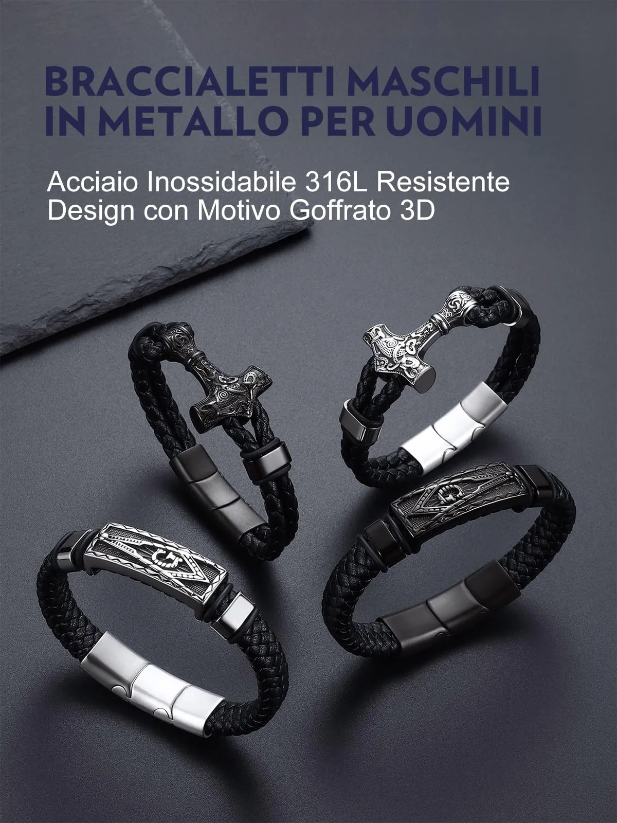 Bandmax Corda di Cera Bracciale Uomo, Martello del Tuono Modello Vintage Braccialetto Uomo, 23 cm Lunghezza Argento Bracciali Uomo Accessori Gioielli Vintage, Idee Regalo per Ragazzo Papà Fidanzato - immagine 7