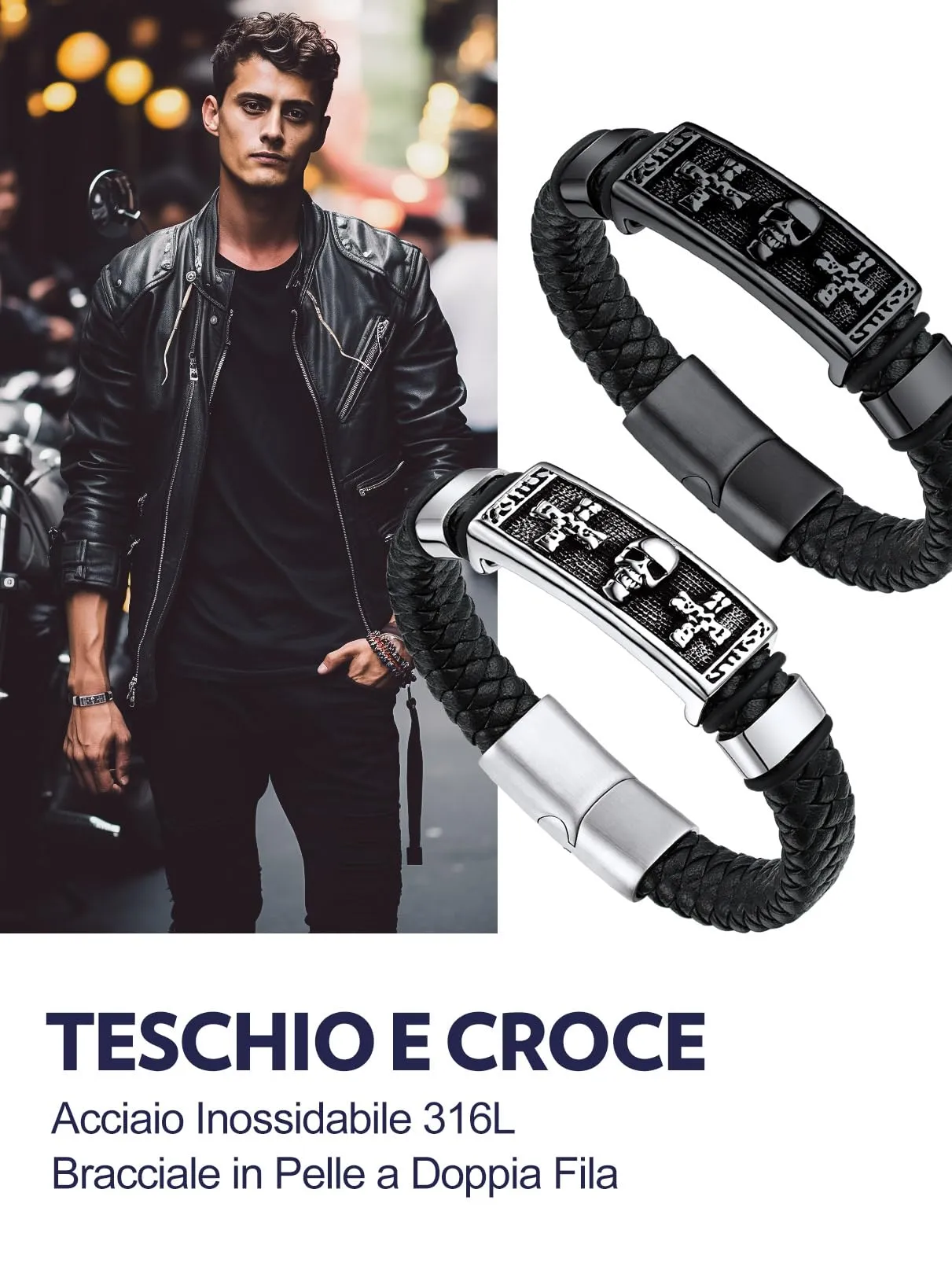 Bandmax Corda di Cera Bracciale Uomo, Cranio Modello Vintage Braccialetto Uomo, 23 cm Lunghezza Argento Bracciali Uomo Accessori Punk Hip Hop Rock, Idee Regalo per Uomo Ragazzo Papà - immagine 6