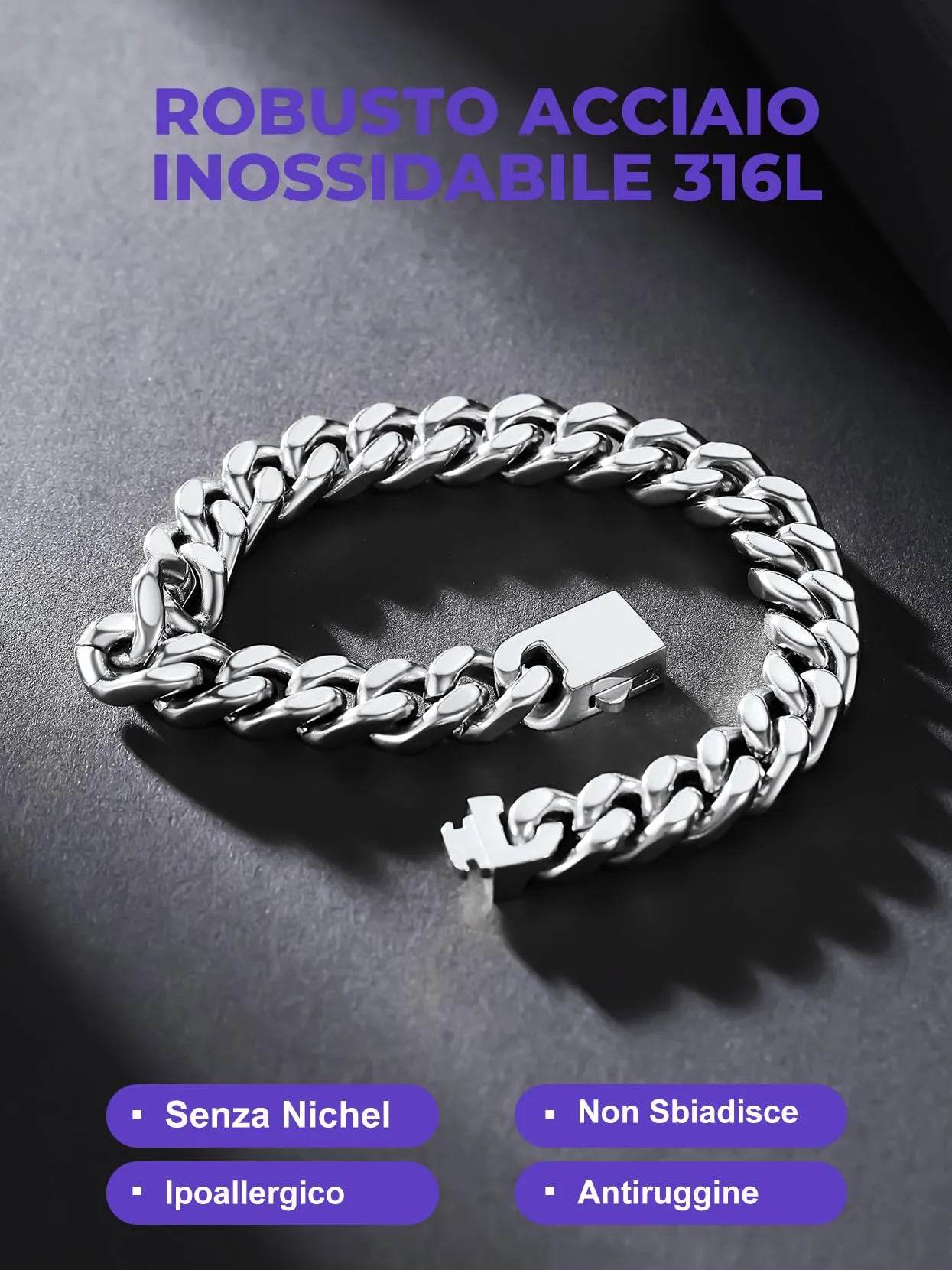 Richsteel Braccialetto a catena a maglie cubane di qualità Miami per uomini e donne, in acciaio inox, larghezza 5/7/9/12 mm, confezione regalo - immagine 3