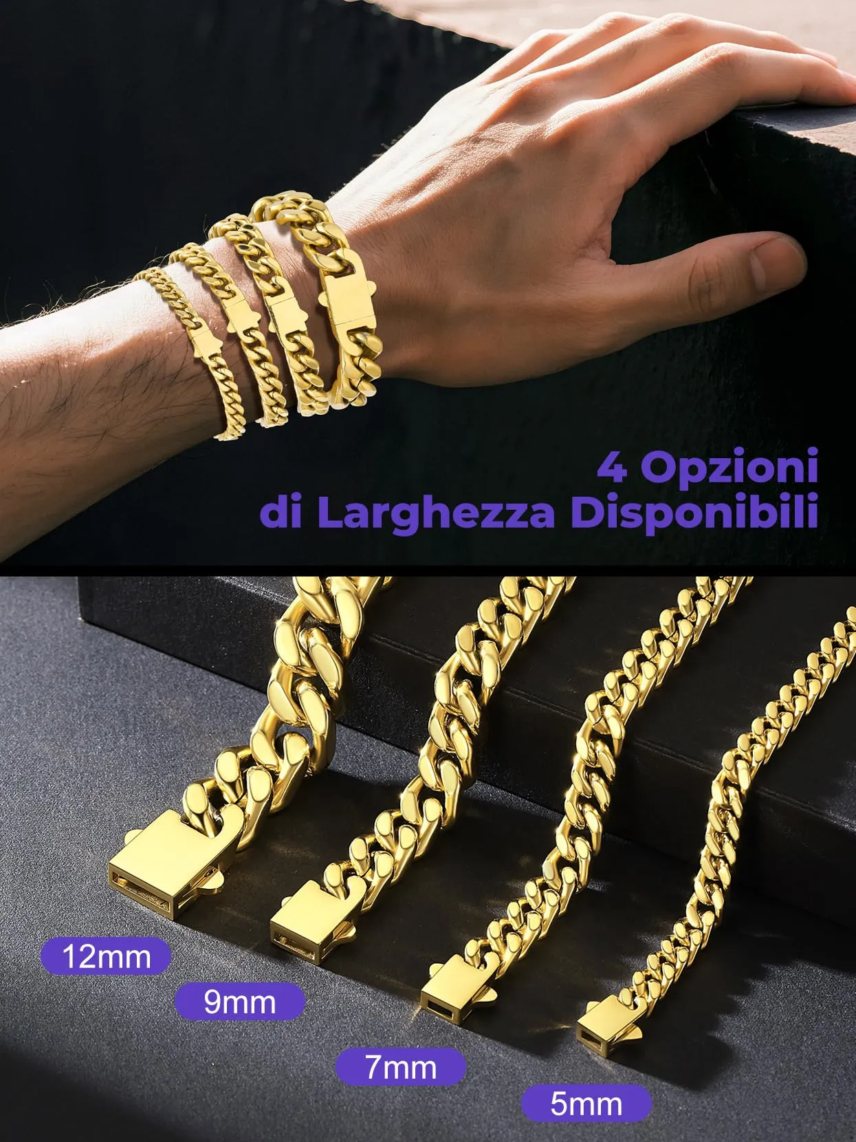 Richsteel Bracciale Uomo Oro Catena Cubana, Larghezza 12mm Lunghezza 23cm, Accaio Inox 316L Impermeabile, Regalo Rgazzo Padre - immagine 3