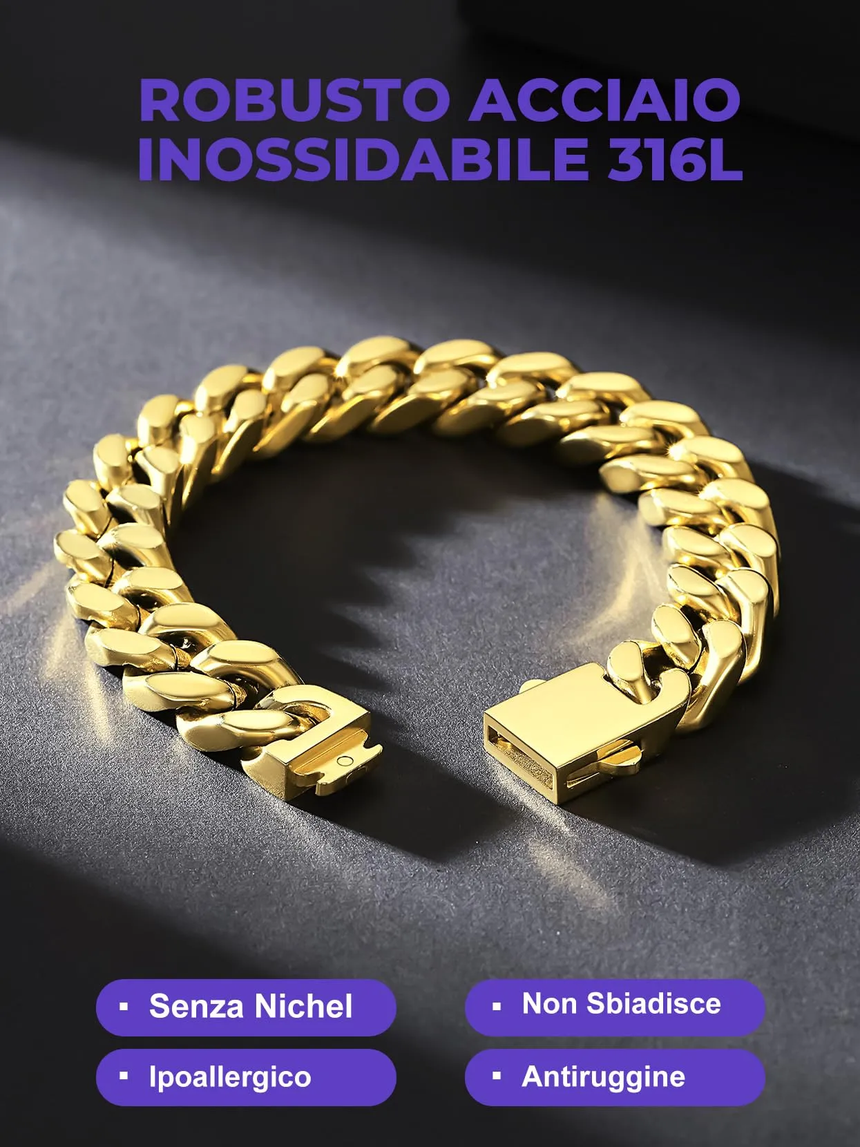 Richsteel Bracciale Uomo Oro Catena Cubana, Larghezza 12mm Lunghezza 23cm, Accaio Inox 316L Impermeabile, Regalo Rgazzo Padre - immagine 8