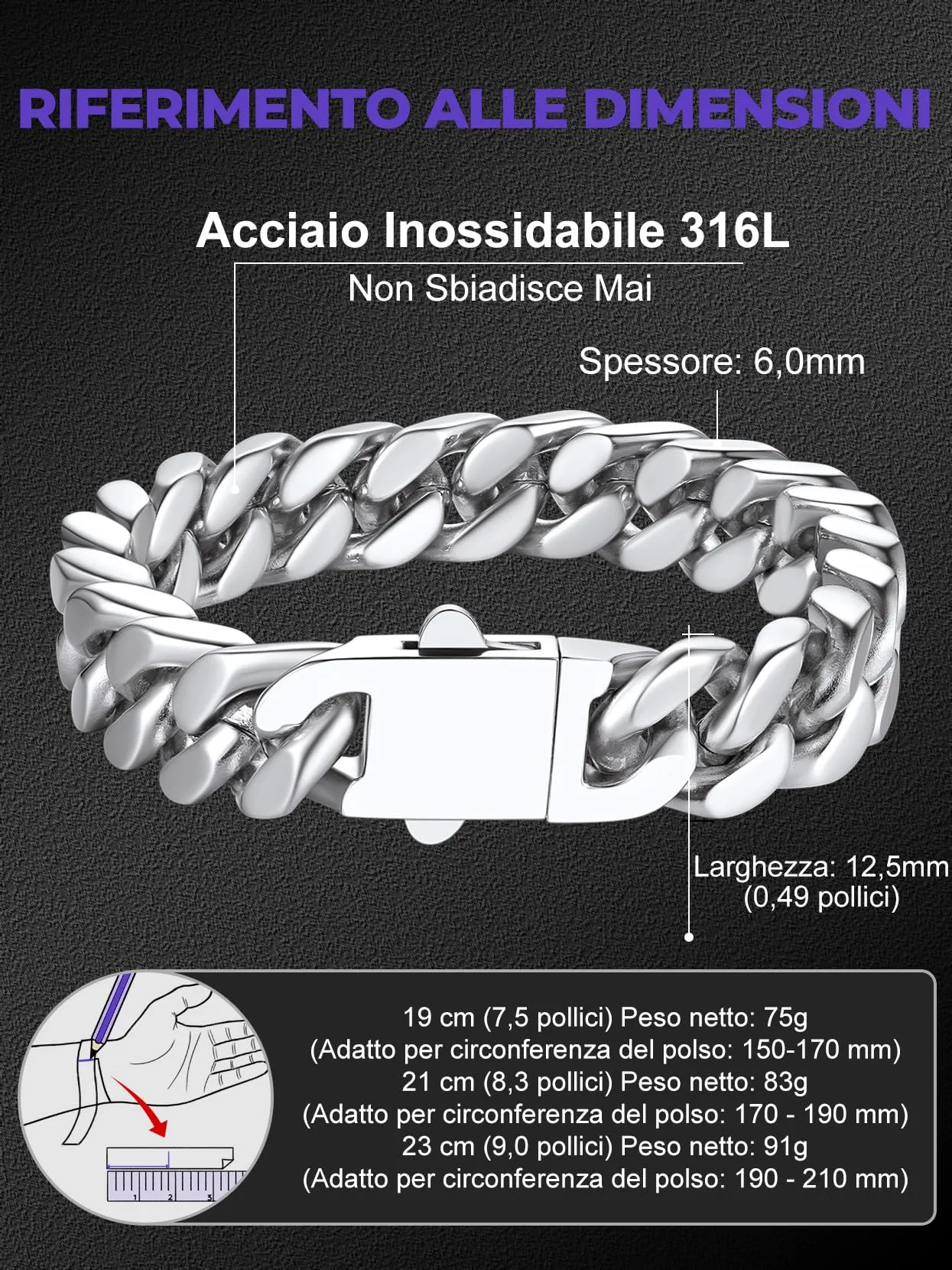Bracciale da uomo in acciaio inossidabile, 12mm di larghezza, 19cm di lunghezza platino, gioielli Re da uomo - immagine 3