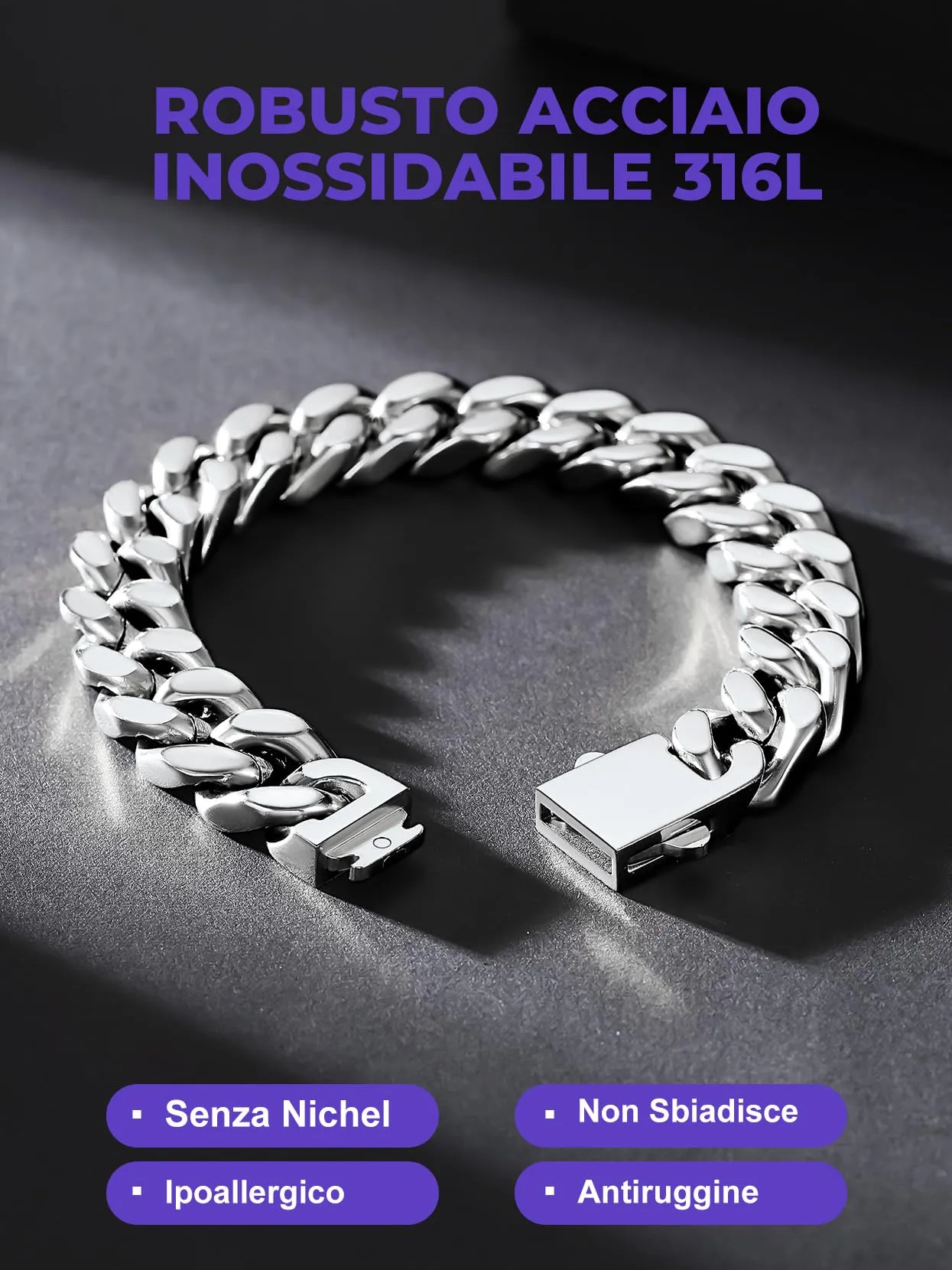 Bracciale da uomo in acciaio inossidabile, 12mm di larghezza, 19cm di lunghezza platino, gioielli Re da uomo - immagine 6