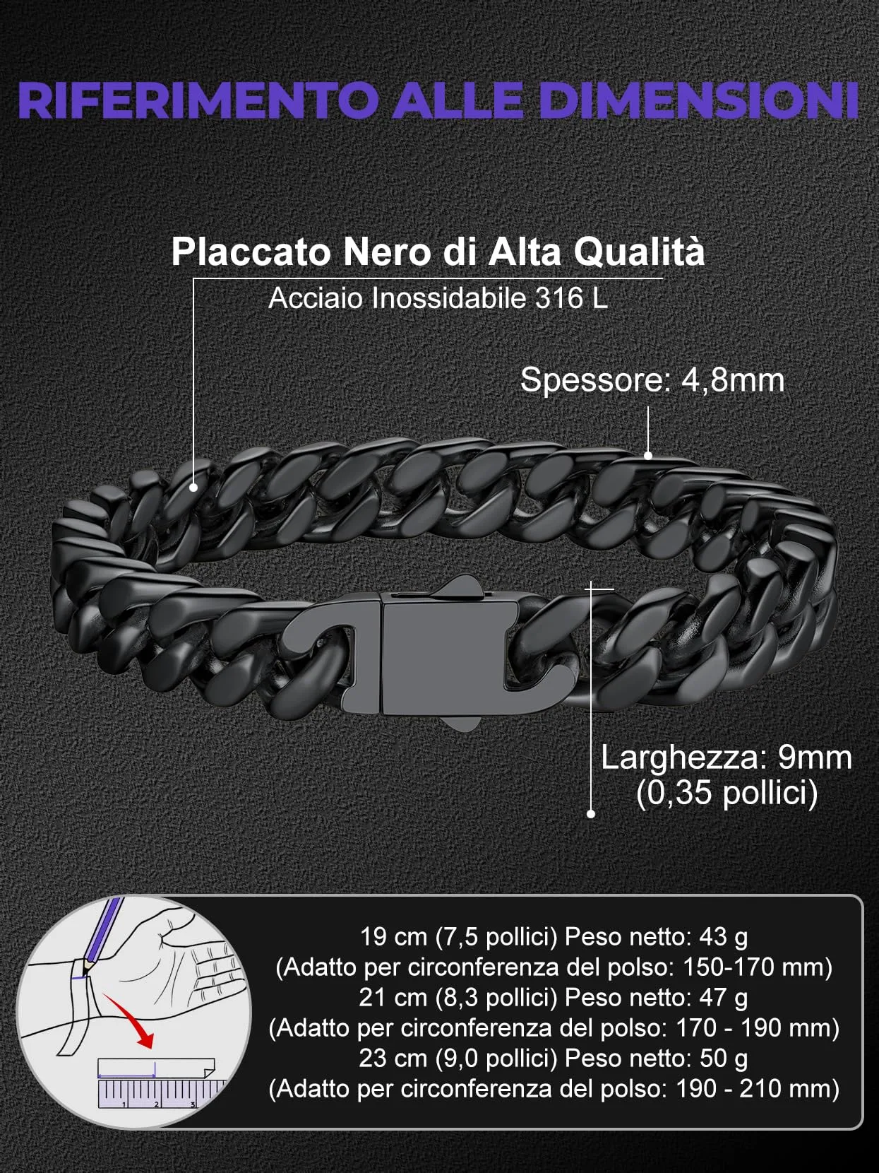 Richsteel Bracciale Uomo Catena Cubana Larghezza 5/7/9/12 MM Accaio Inossidabile 316L Impermeabile Antiallergico Comoda Fibbia di Collegamento 19/21/23 CM Regalo Rgazzo Padre Compleanno - immagine 3