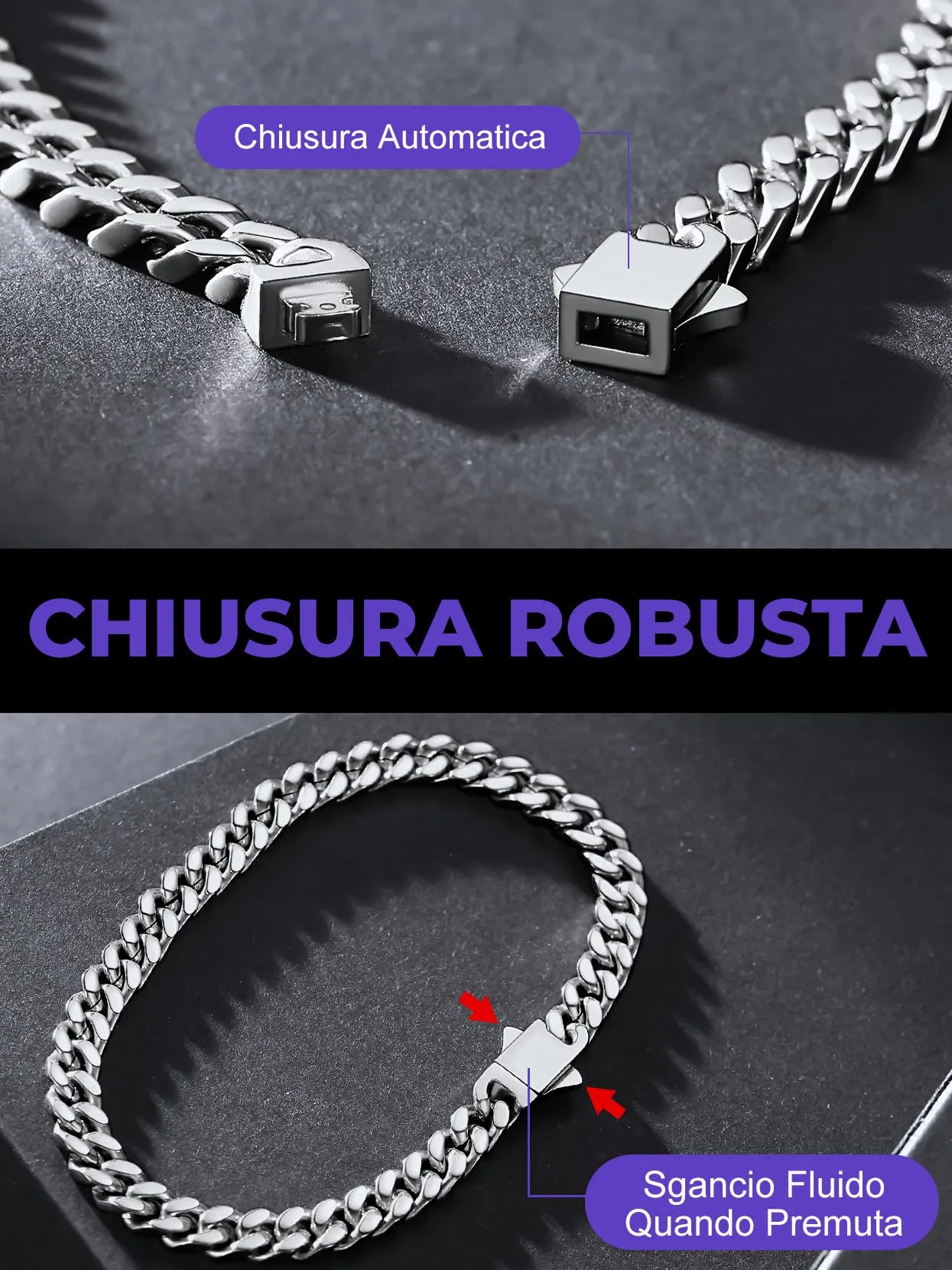 Bracciale da uomo in acciaio inossidabile, 5mm di larghezza, 19cm lungo platino, gioielli da uomo regalo sposo - immagine 5