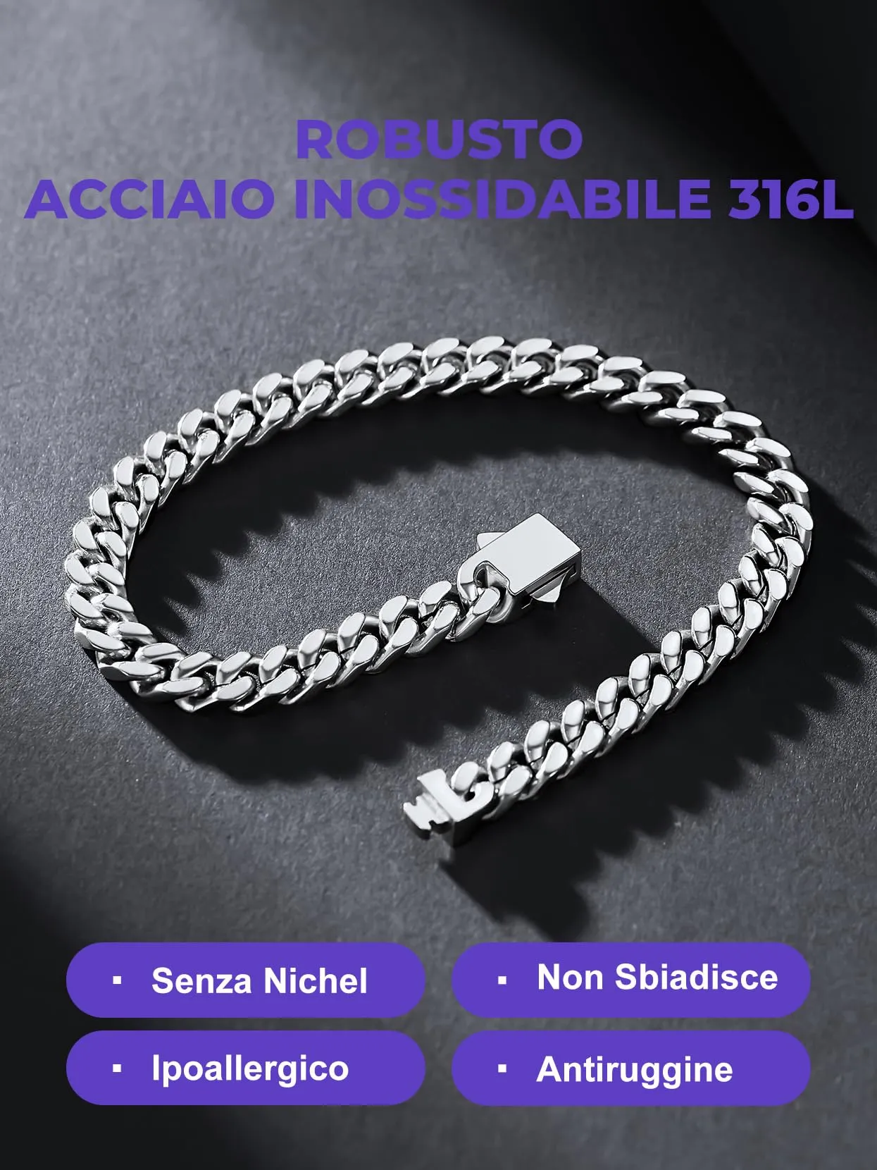 Bracciale da uomo in acciaio inossidabile, 5mm di larghezza, 19cm lungo platino, gioielli da uomo regalo sposo - immagine 8