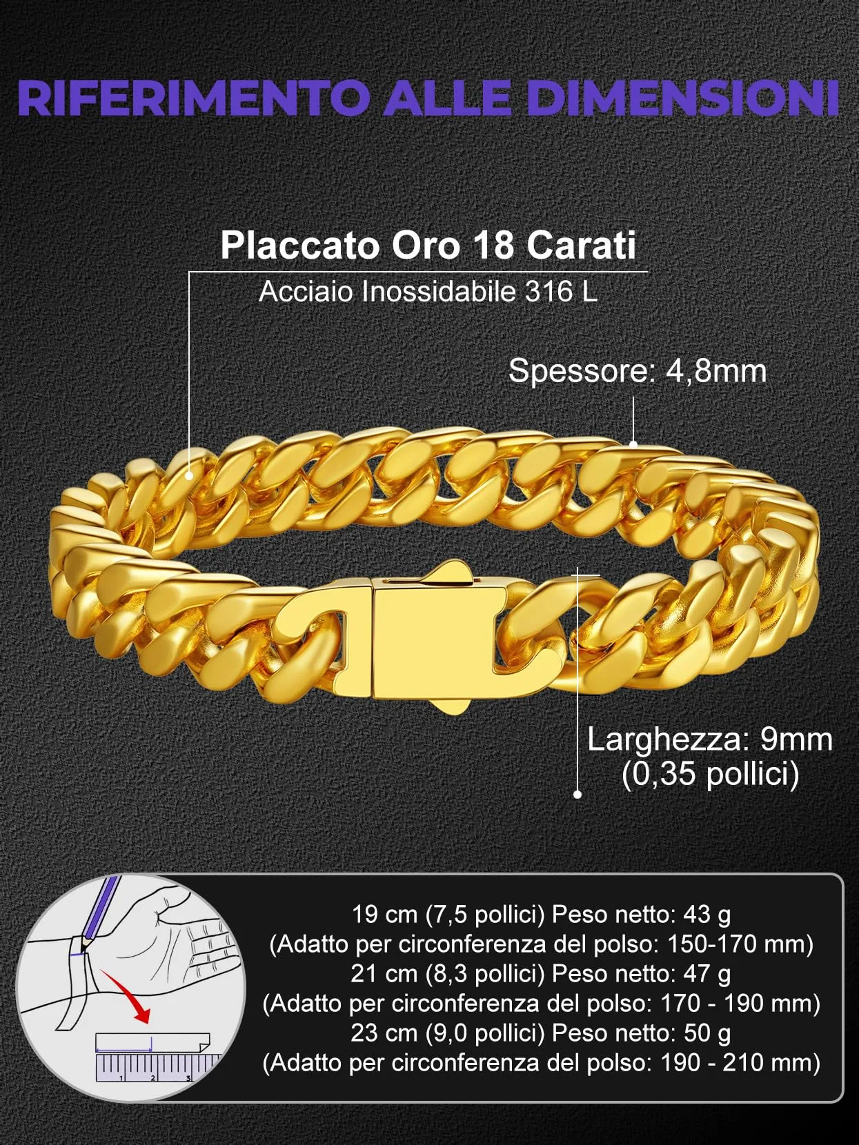Richsteel Bracciale Uomo Oro Catena Cubana, Larghezza 9mm Lunghezza 23cm, Accaio Inox 316L Impermeabile, Regalo Rgazzo Padre - immagine 3