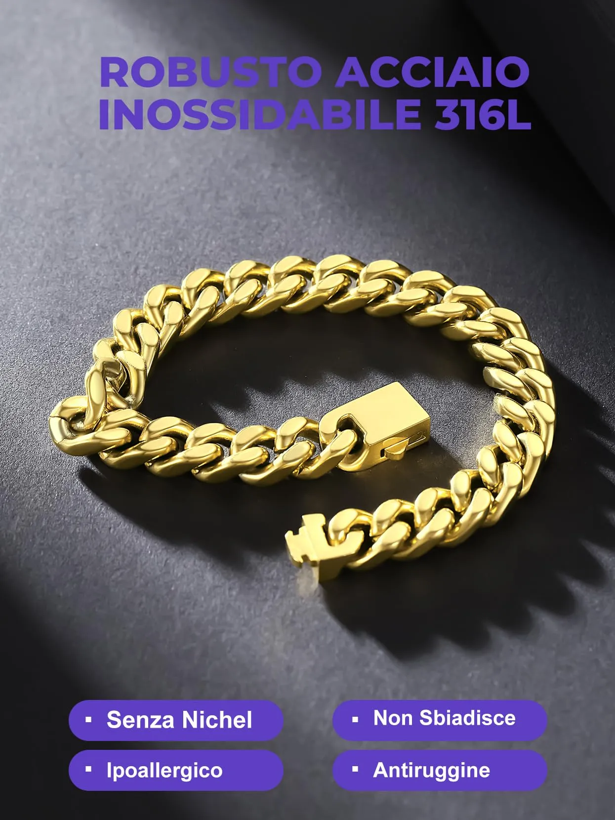 Richsteel Bracciale Uomo Oro Catena Cubana, Larghezza 9mm Lunghezza 23cm, Accaio Inox 316L Impermeabile, Regalo Rgazzo Padre - immagine 5