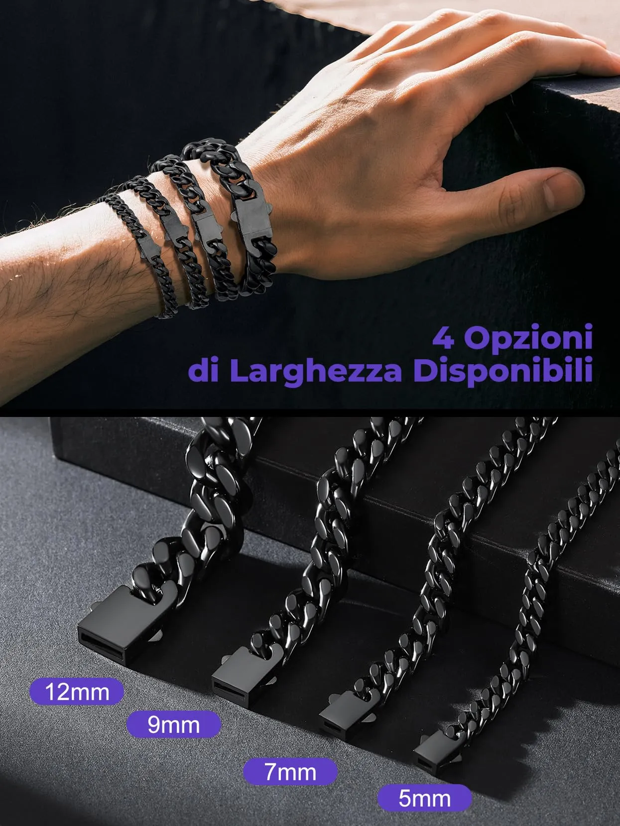 Richsteel Bracciale Uomo Catena Cubana Larghezza 5/7/9/12 MM Accaio Inossidabile 316L Impermeabile Antiallergico Comoda Fibbia di Collegamento 19/21/23 CM Regalo Rgazzo Padre Compleanno - immagine 3