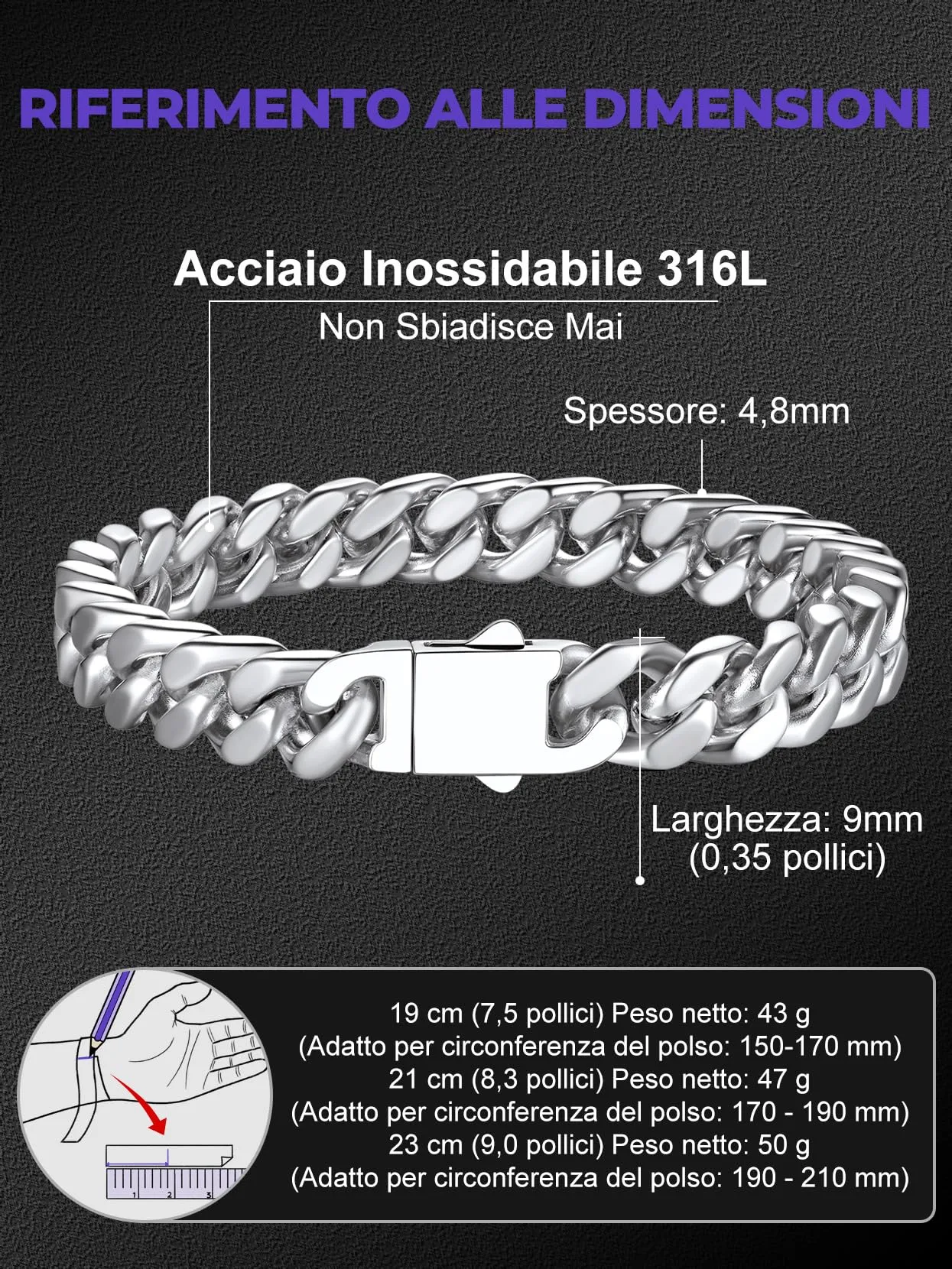 Richsteel Braccialetto a catena a maglie cubane di qualità Miami per uomini e donne, in acciaio inox, larghezza 5/7/9/12 mm, confezione regalo - immagine 4