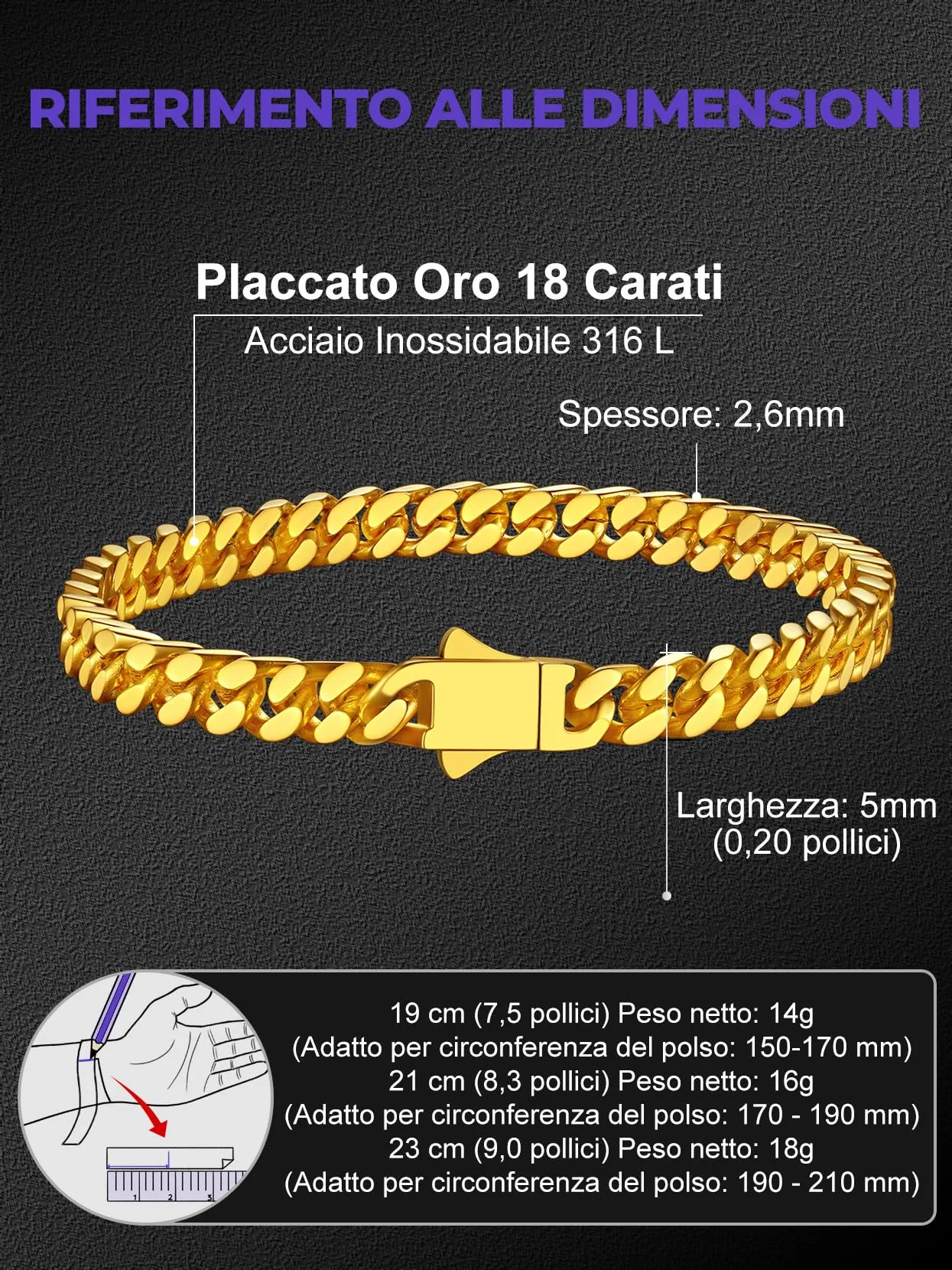 Richsteel Bracciale Uomo Oro Catena Cubana, Larghezza 5mm Lunghezza 23cm, Accaio Inox 316L Impermeabile, Regalo Rgazzo Padre - immagine 3