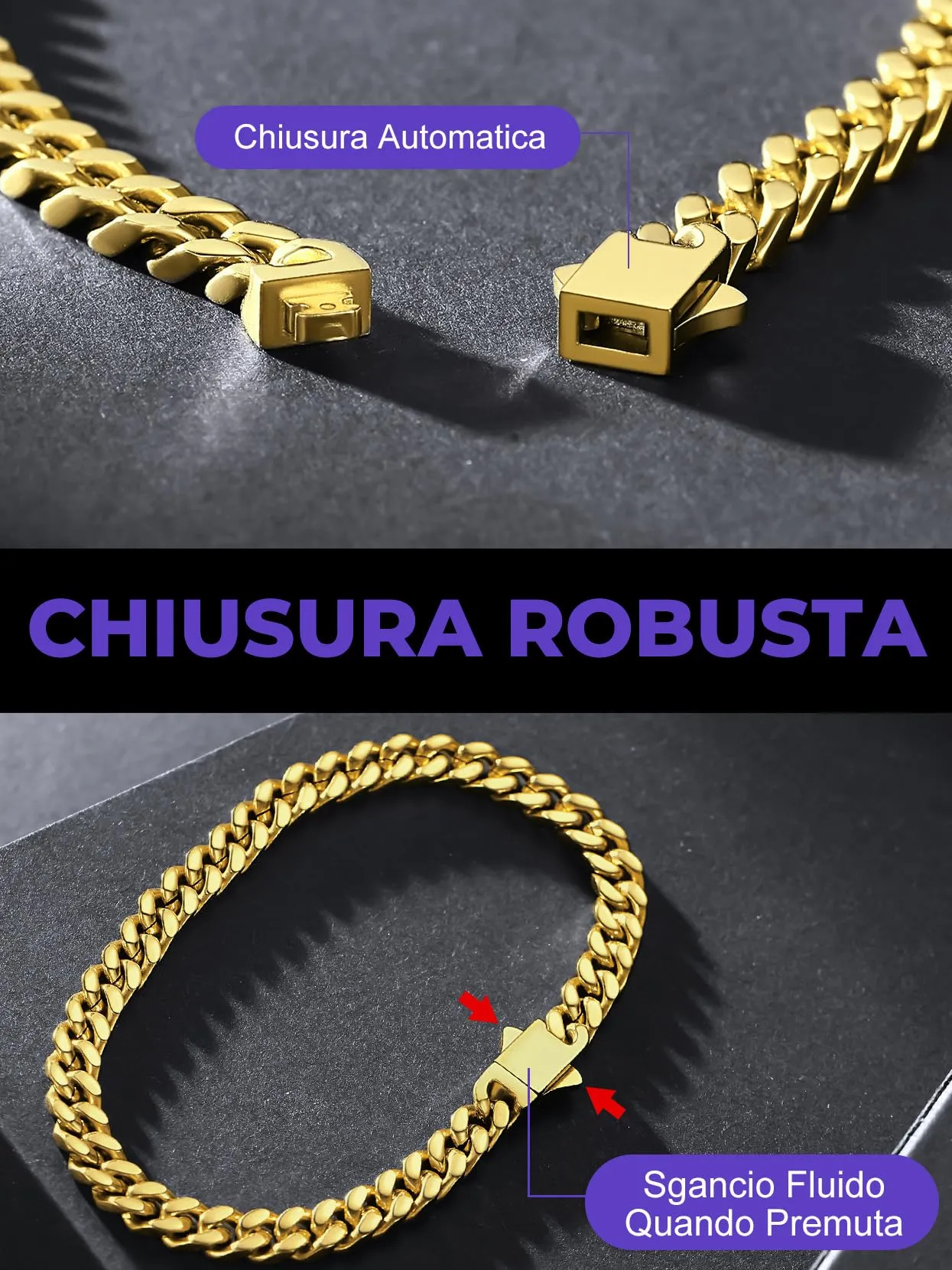 Richsteel Bracciale Uomo Oro Catena Cubana, Larghezza 5mm Lunghezza 23cm, Accaio Inox 316L Impermeabile, Regalo Rgazzo Padre - immagine 6