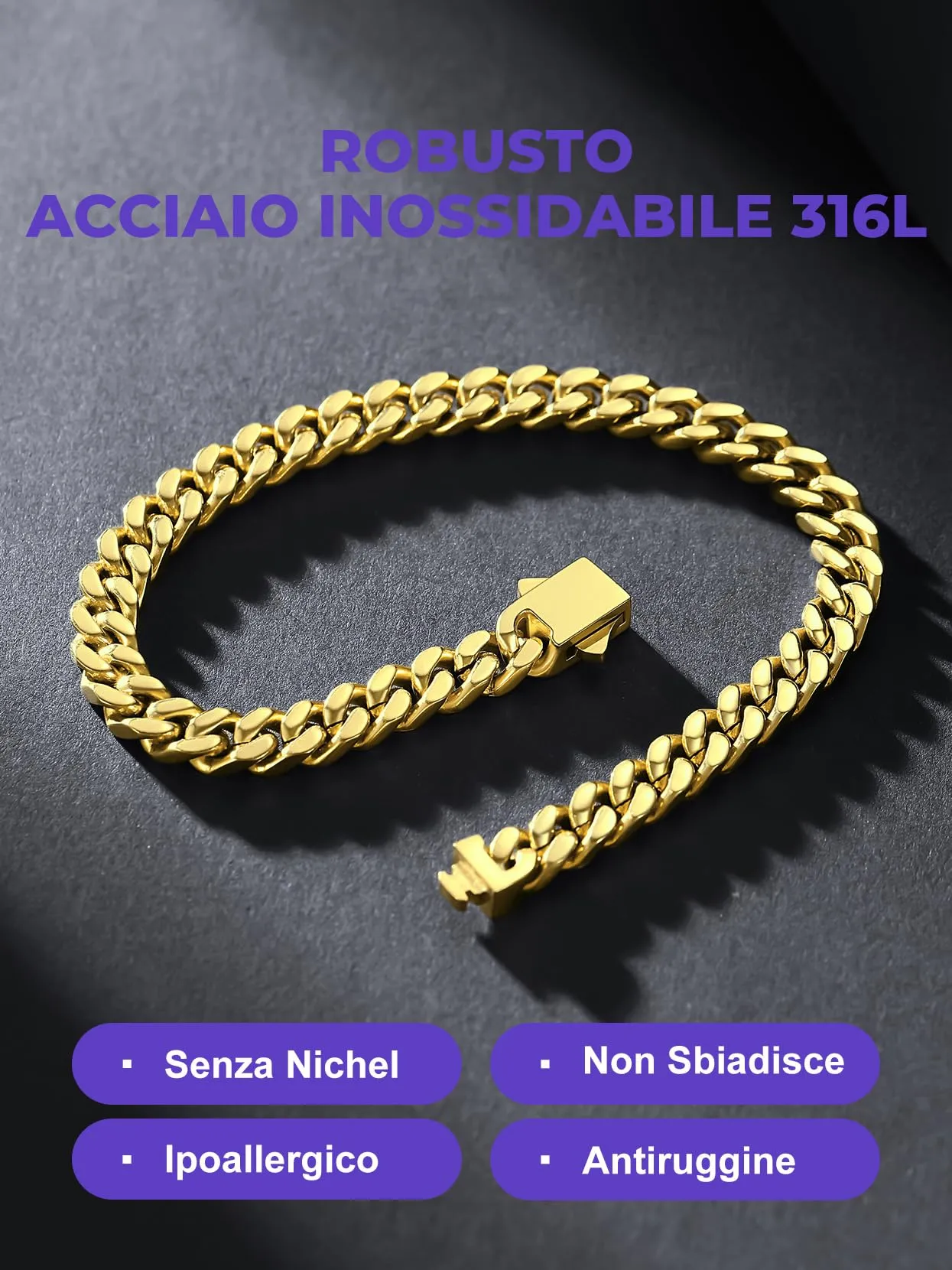 Richsteel Bracciale Uomo Oro Catena Cubana, Larghezza 5mm Lunghezza 23cm, Accaio Inox 316L Impermeabile, Regalo Rgazzo Padre - immagine 7