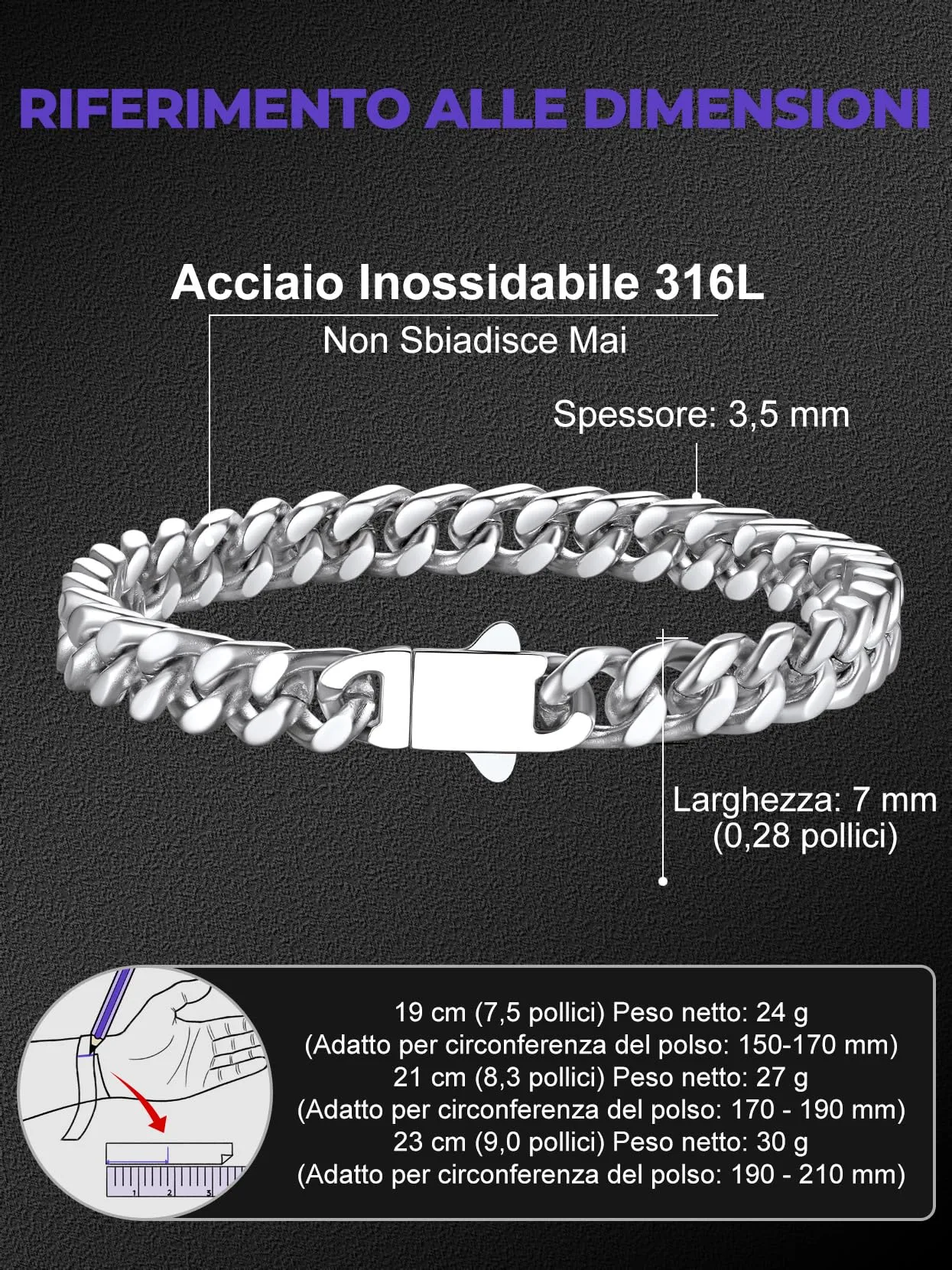 Richsteel Braccialetto a catena a maglie cubane di qualità Miami per uomini e donne, in acciaio inox, larghezza 5/7/9/12 mm, confezione regalo - immagine 5