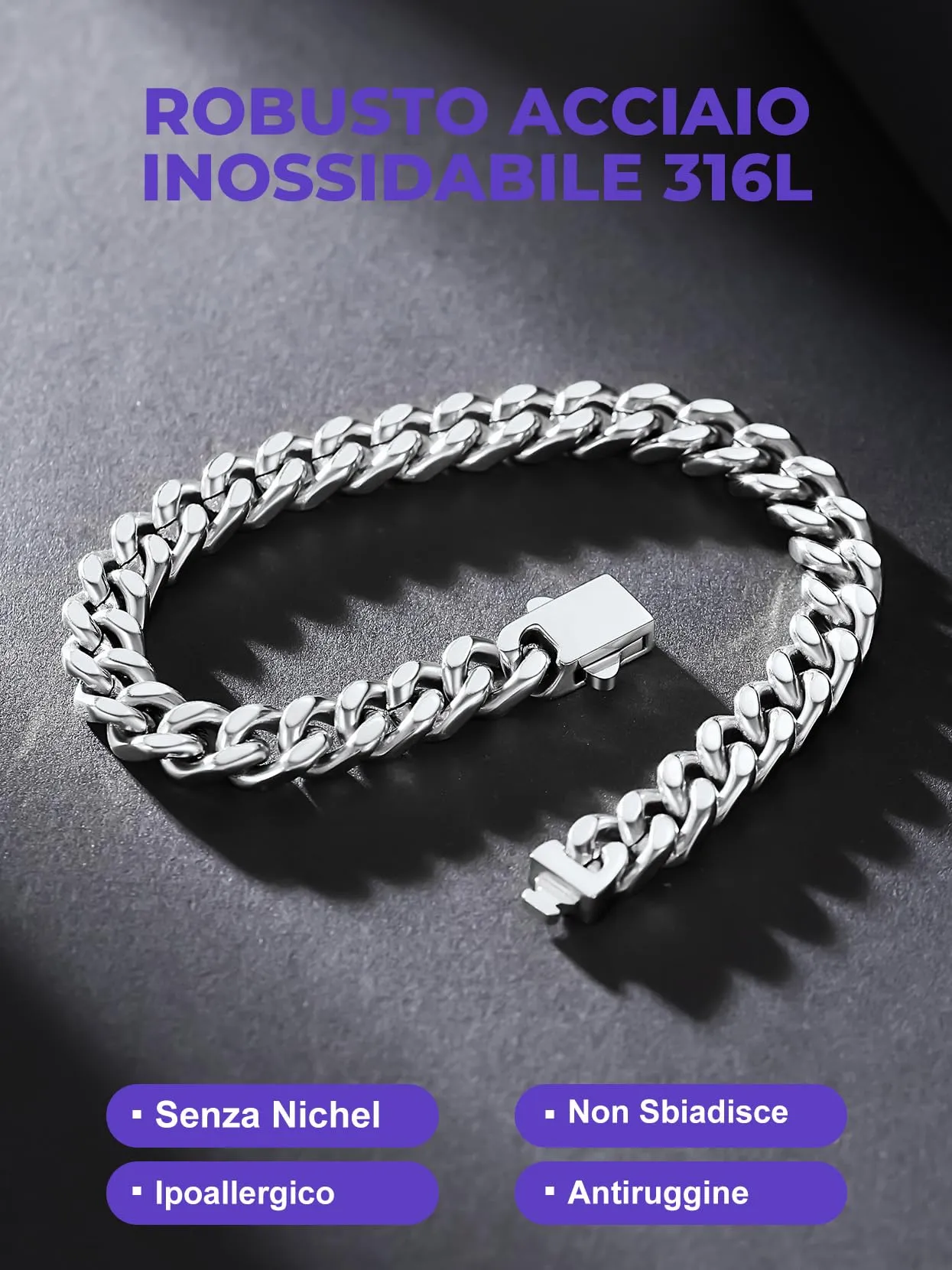 Richsteel Braccialetto a catena a maglie cubane di qualità Miami per uomini e donne, in acciaio inox, larghezza 5/7/9/12 mm, confezione regalo - immagine 6