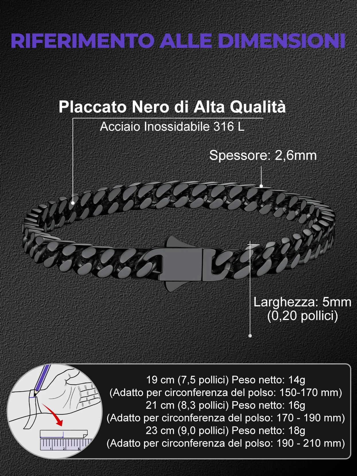Richsteel Braccialetto a catena a maglie cubane di qualità Miami per uomini e donne, in acciaio inox, larghezza 5/7/9/12 mm, confezione regalo - immagine 5