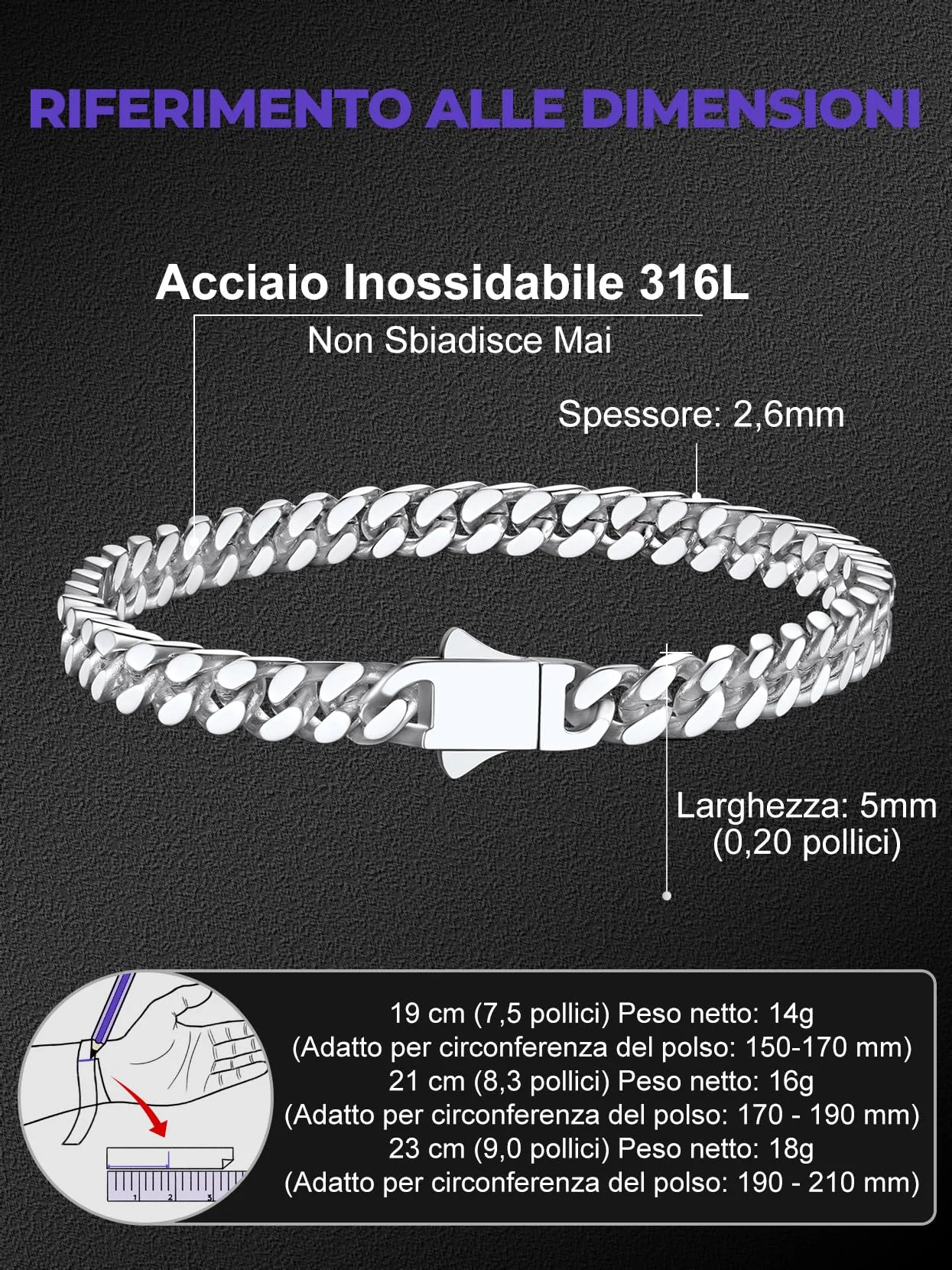 Richsteel Braccialetto a catena a maglie cubane di qualità Miami per uomini e donne, in acciaio inox, larghezza 5/7/9/12 mm, confezione regalo - immagine 3