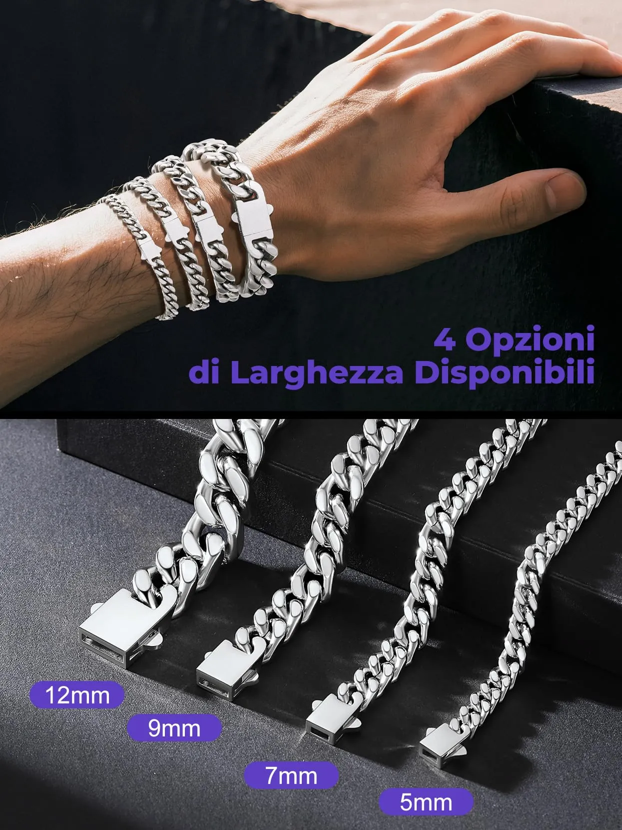 Richsteel Braccialetto a catena a maglie cubane di qualità Miami per uomini e donne, in acciaio inox, larghezza 5/7/9/12 mm, confezione regalo - immagine 6