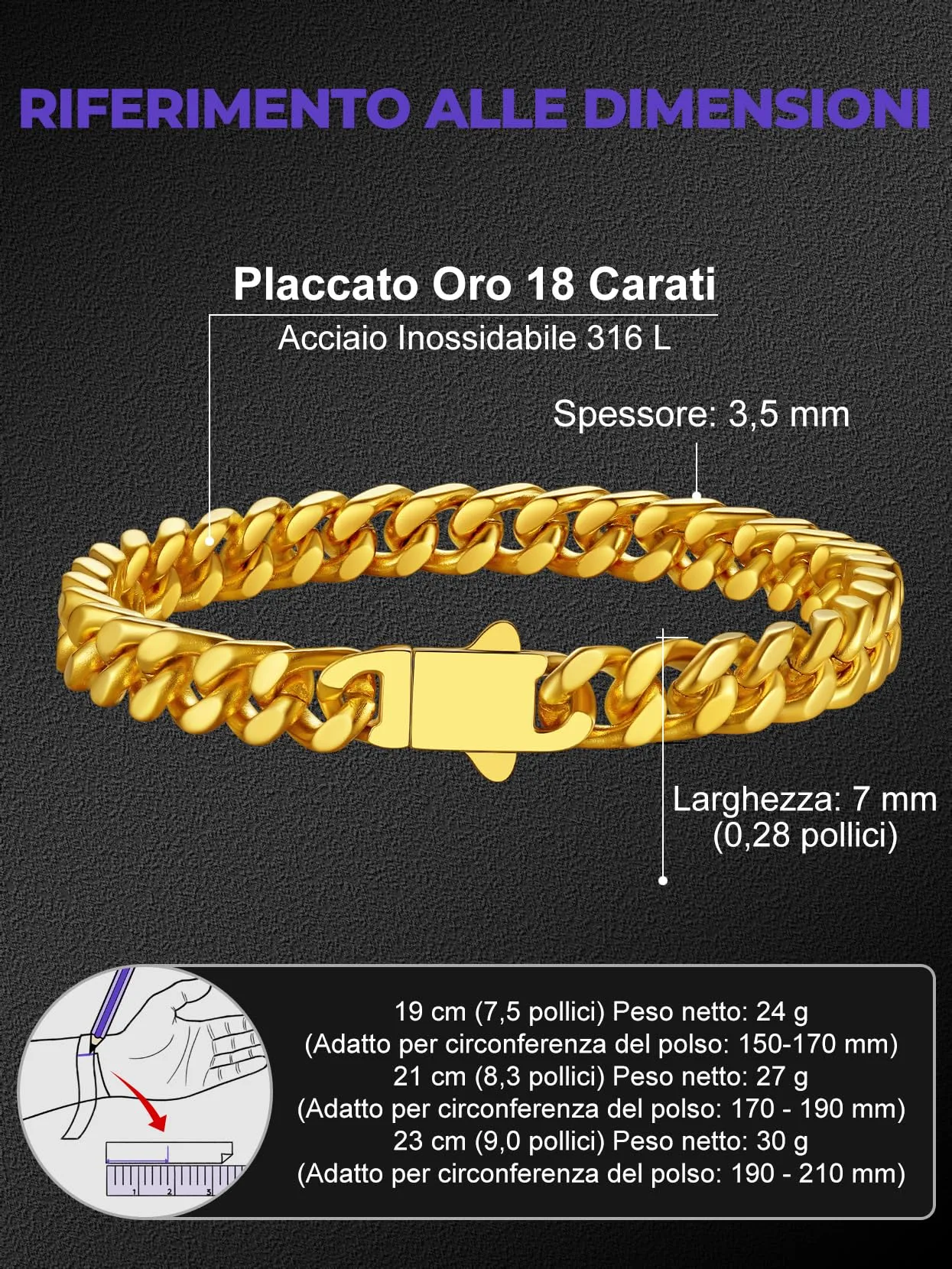 Richsteel Bracciale Uomo Oro Catena Cubana, Larghezza 7mm Lunghezza 23cm, Accaio Inox 316L Impermeabile, Regalo Rgazzo Padre - immagine 3
