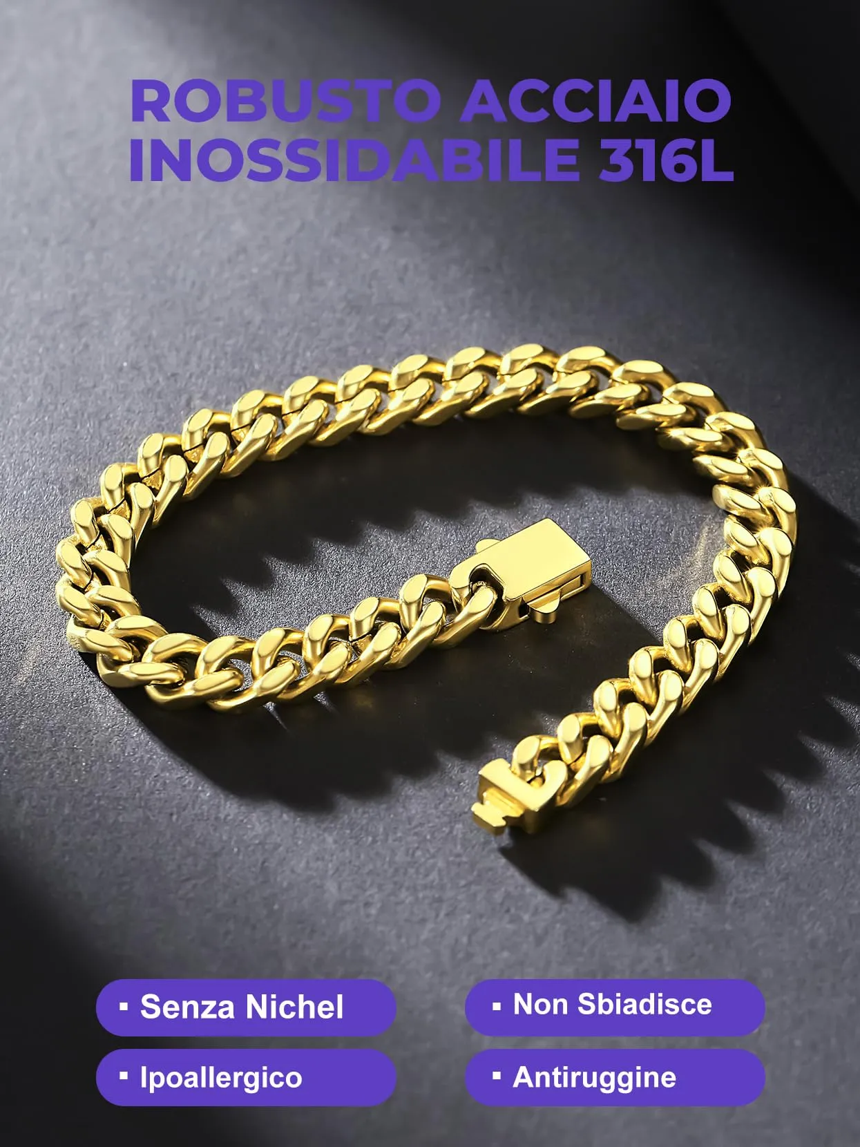 Richsteel Bracciale Uomo Oro Catena Cubana, Larghezza 7mm Lunghezza 23cm, Accaio Inox 316L Impermeabile, Regalo Rgazzo Padre - immagine 7